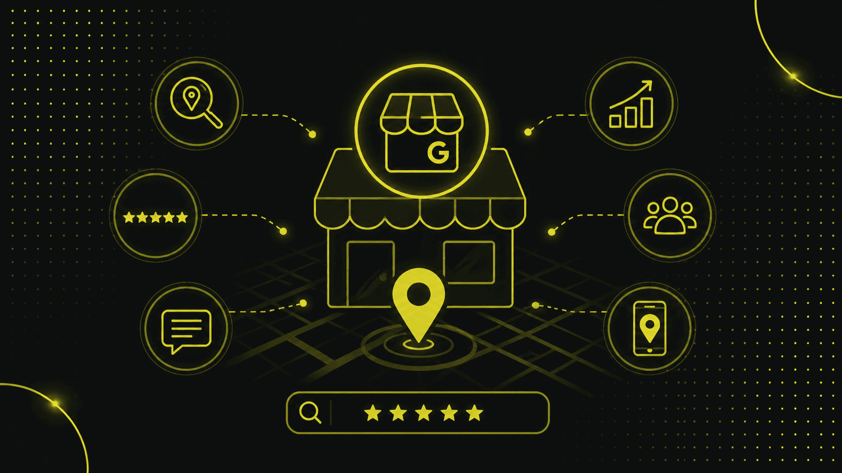 Gelbe Umrissgrafik eines Geschäfts mit Symbolen für Standort, Bewertungen, Kommunikation, Analysen und Nutzerbeteiligung, zentriert auf einer digitalen Karte mit einer Suchleiste darunter, die Möglichkeiten zur Verbesserung von Google Business hervorhebt.