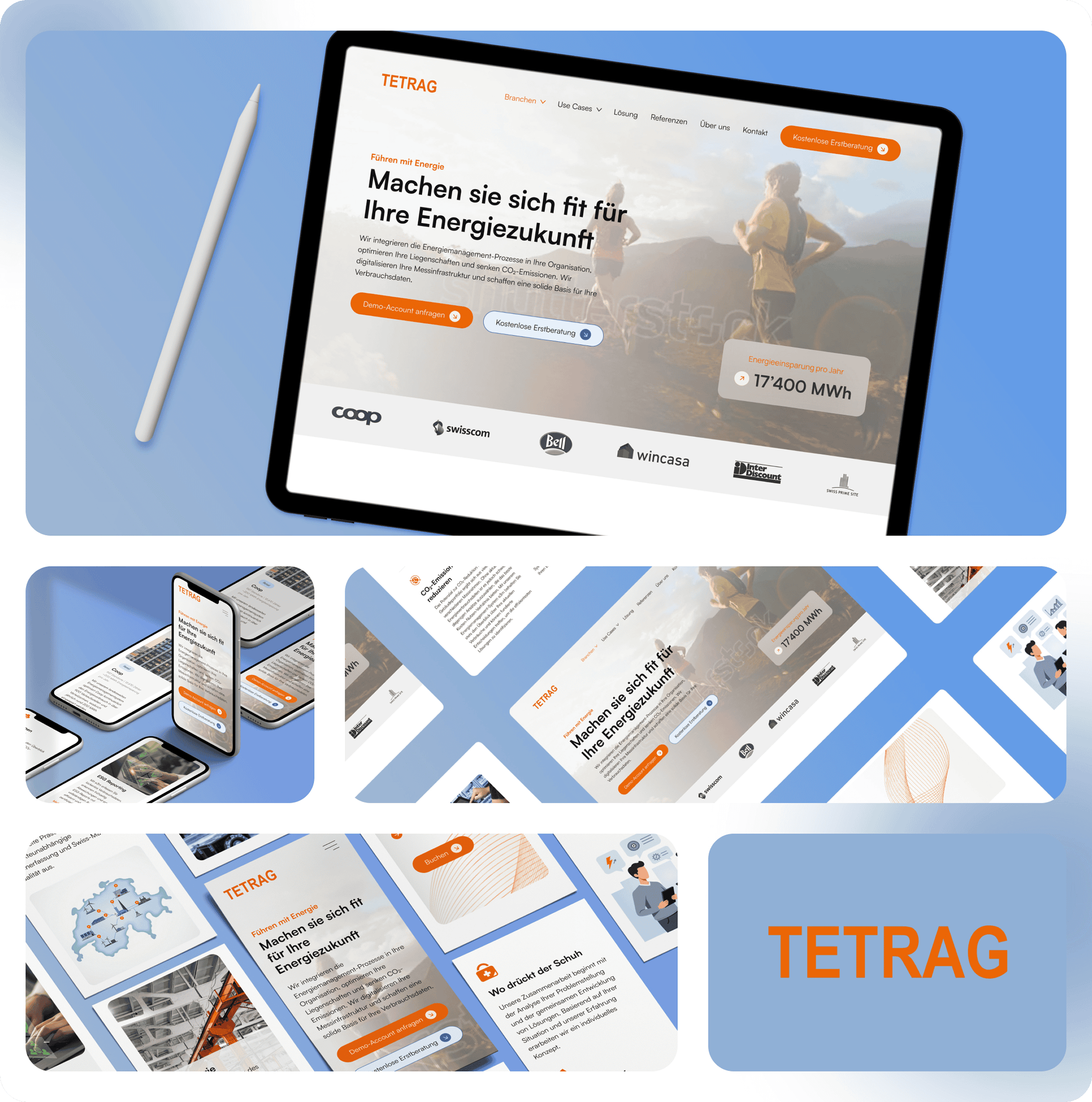 Ein digitales Tablet zeigt eine deutsche Energie-Website mit begleitenden Mockups von mobilen und Desktop-Sites, die mit dem Namen TETRAG gebrandet sind.