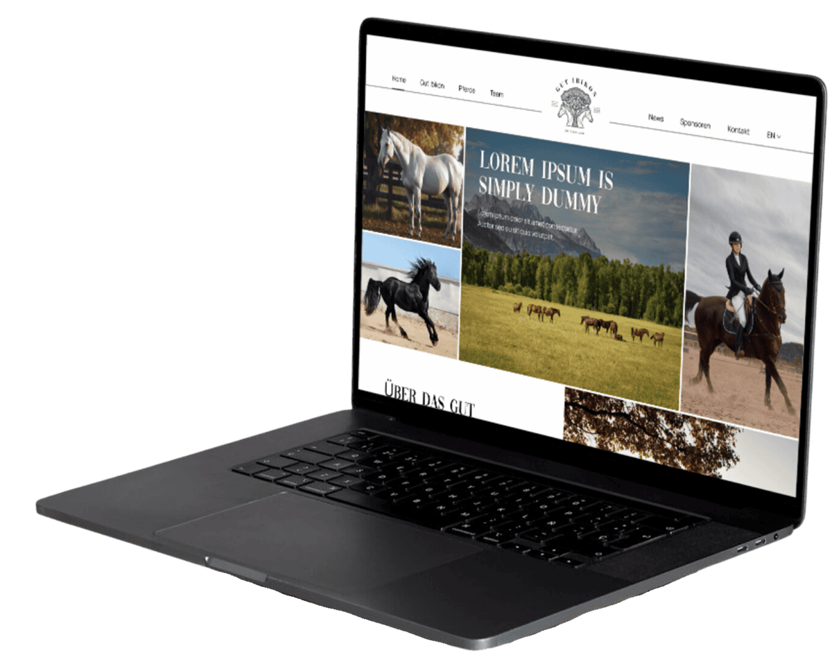 Ein Laptop, auf dem eine Website mit Bildern und Texten zum Thema Pferde angezeigt wird, darunter ein Abschnitt mit der Überschrift „Lorem Ipsum ist einfach nur dumm.“.