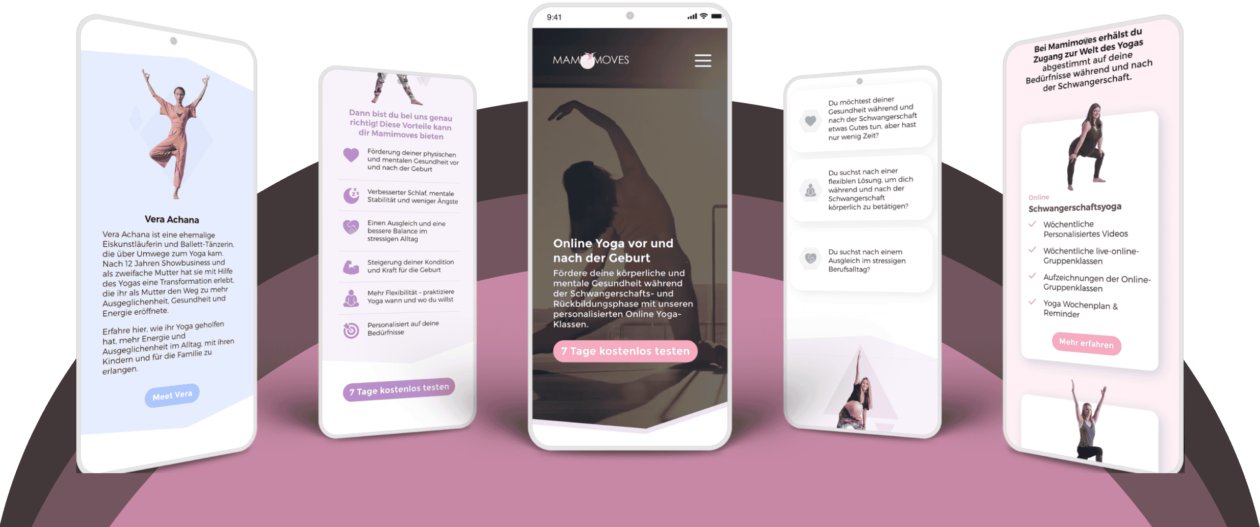 Auf fünf Smartphones wird die Benutzeroberfläche einer Schwangerschaftsyoga-App mit Bildern von Yoga-Posen, Informationstexten und Optionen zum Starten einer 7-tägigen kostenlosen Testversion angezeigt.