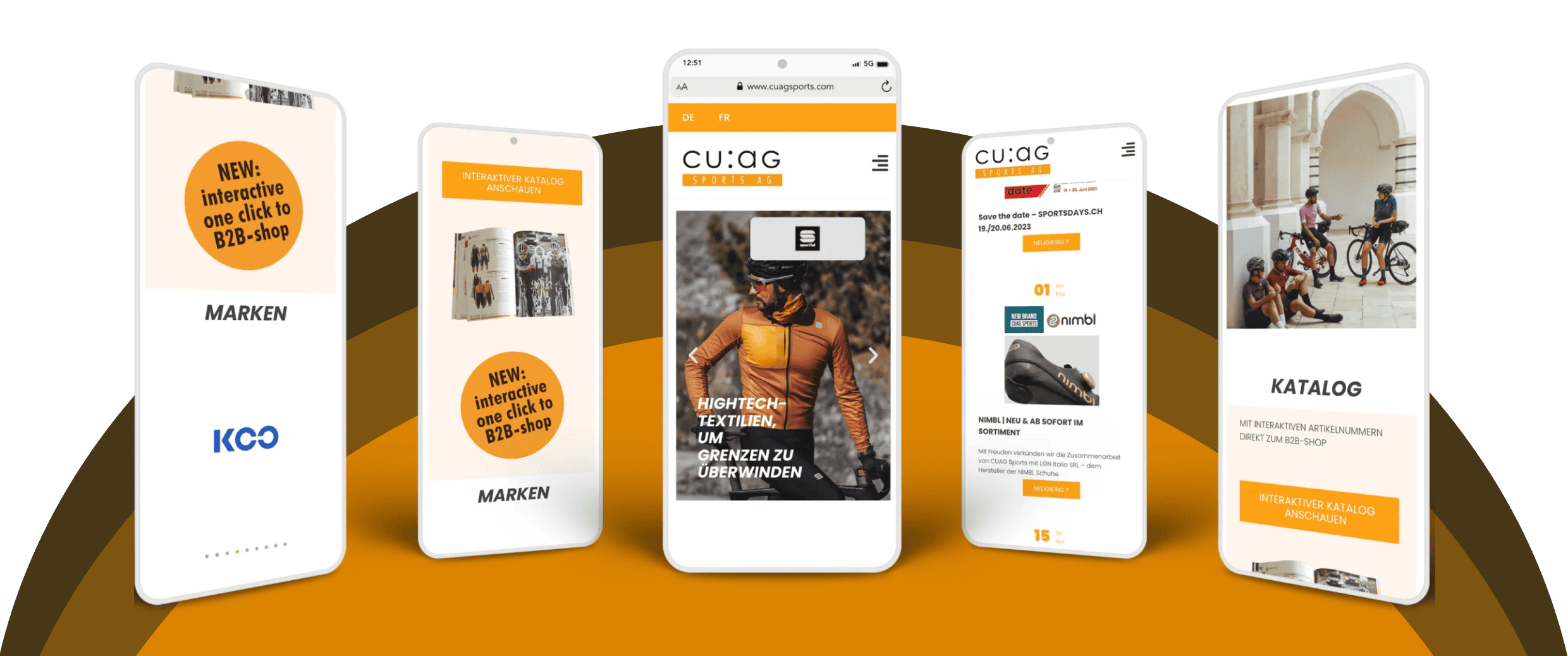 Auf fünf Smartphone-Bildschirmen werden die Website und der Katalog einer Bekleidungsmarke mit Text, Produktbildern und interaktiven Einkaufsoptionen angezeigt.