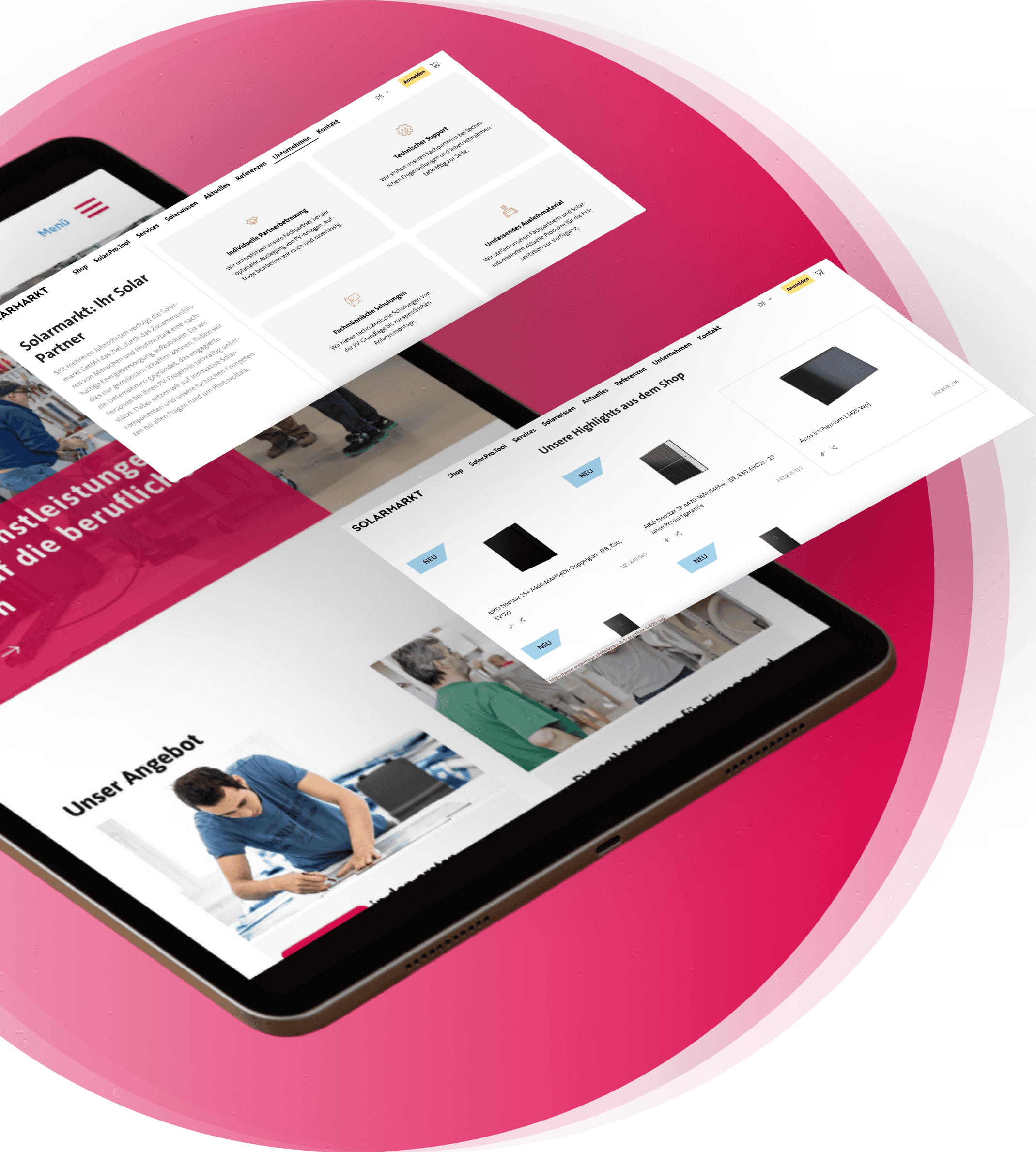 Ein Tablet mit überlappenden Screenshots der Website-Oberfläche auf rosa Hintergrund, auf dem Menüs, Produktlisten und Informationsinhalte auf Deutsch angezeigt werden.