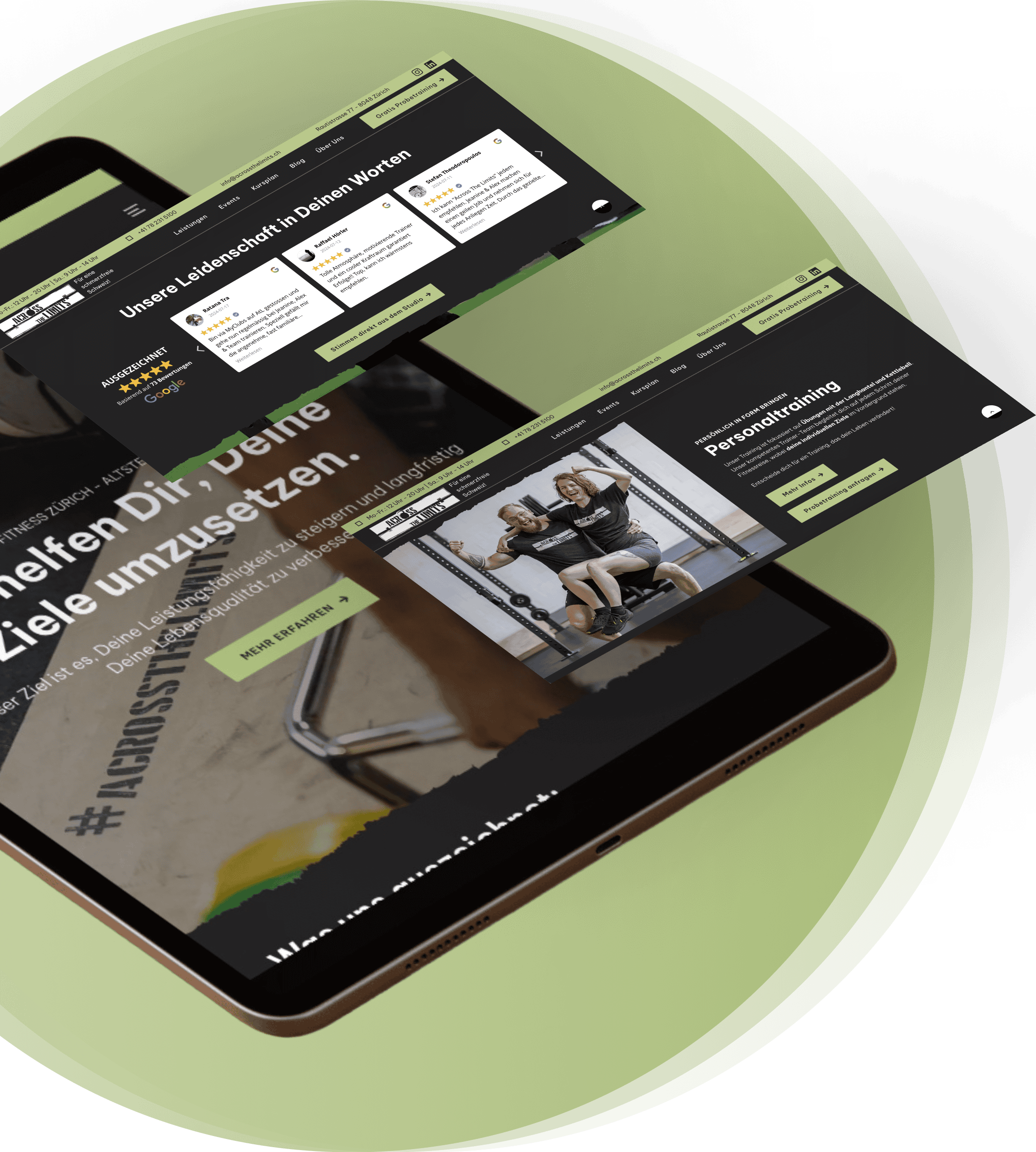 Ein Tablet, auf dem eine Website mit Fitness-Coaching-Diensten angezeigt wird, wobei zwei Browserfenster unterschiedliche Abschnitte der Website hervorheben.