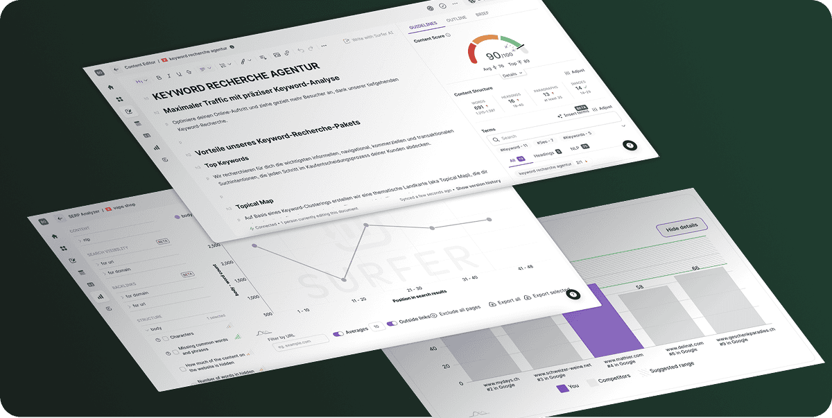 Drei überlappende digitale Dashboard-Bildschirme zeigen Daten zur Keyword-Recherche, SEO-Analysen, Leistungswerte und Analysediagramme auf einem dunkelgrünen Hintergrund an.