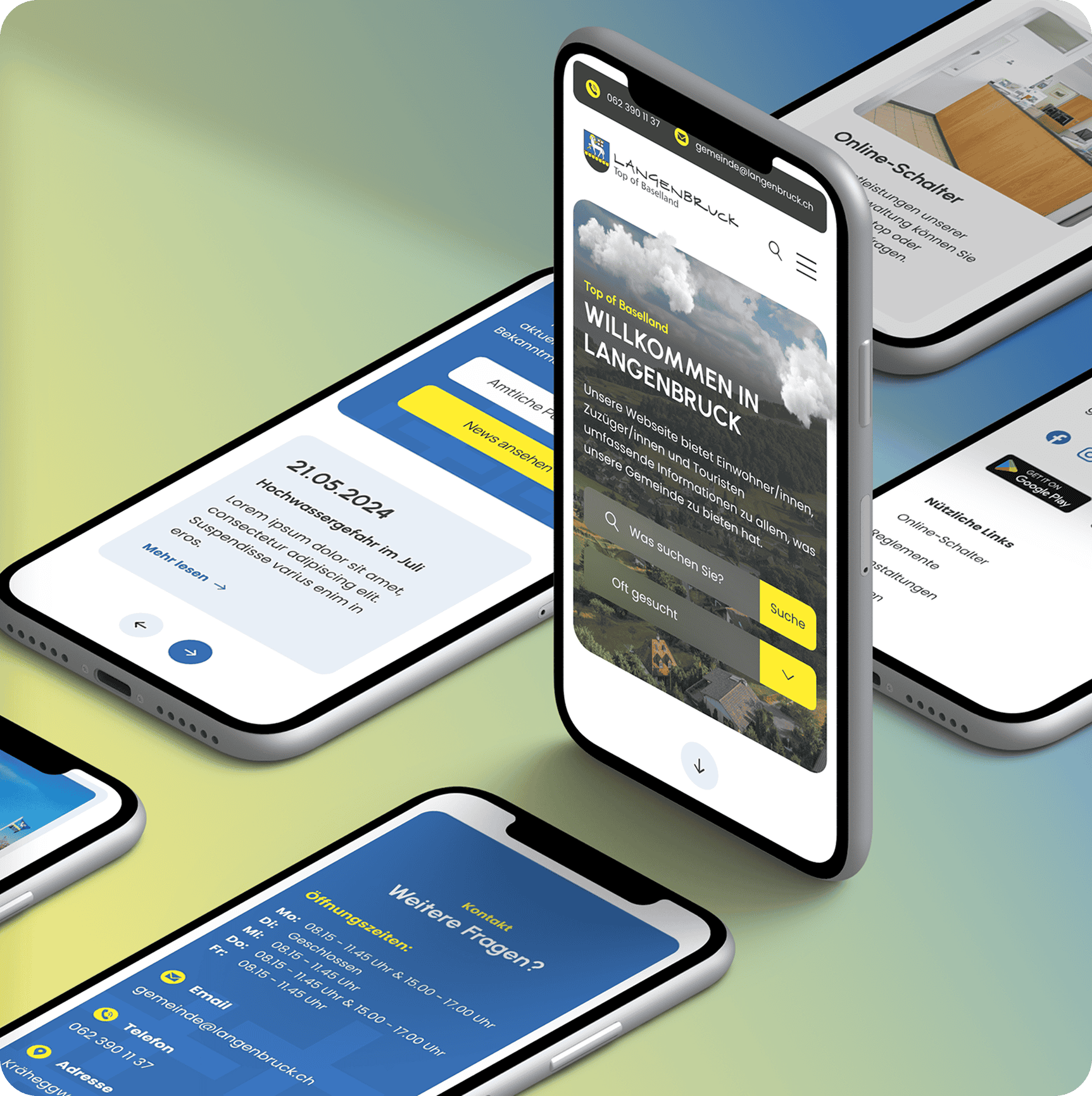 Mehrere Smartphones zeigen die Website einer Gemeindeverwaltung in deutscher Sprache an und zeigen Begrüßungsnachrichten, Kontaktinformationen und Navigationsmenüs auf ihren Bildschirmen.