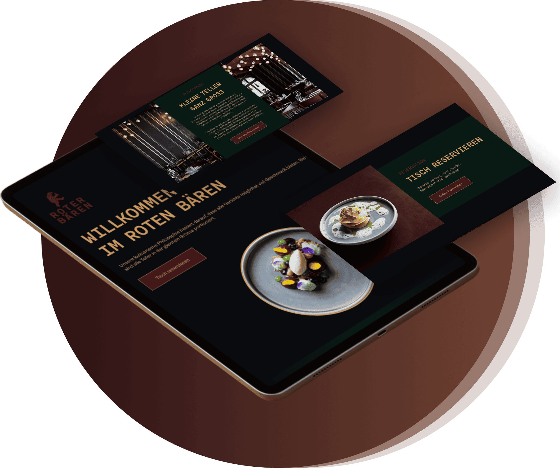 Ein Tablet, auf dem die Website eines Restaurants mit Bildern eines Speisesaals, einem Tellergericht und Schaltflächen zum Reservieren eines Tisches auf einem braunen, runden Hintergrund angezeigt wird.