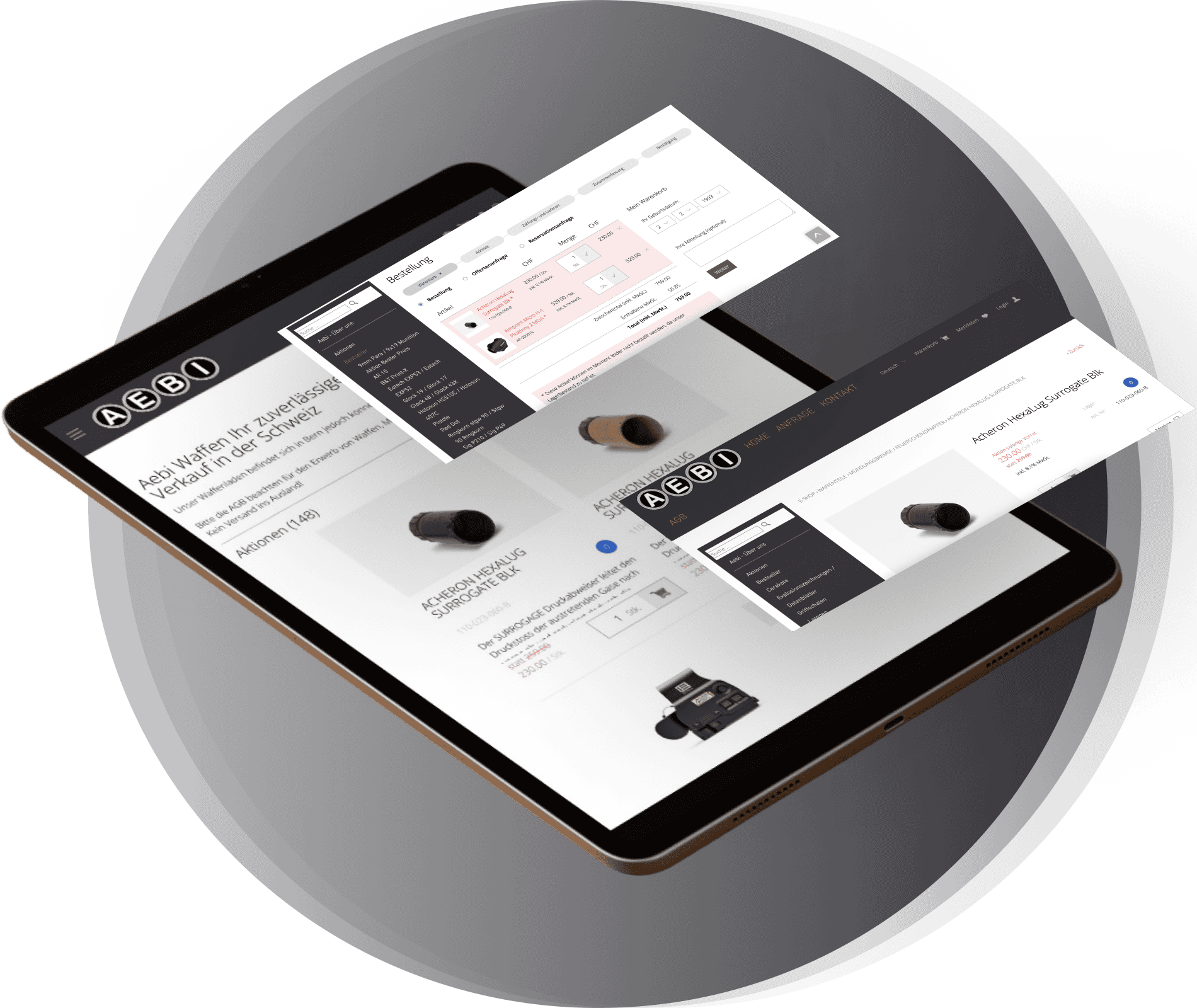Ein Tablet, auf dem eine E-Commerce-Website mit schwebenden Overlays angezeigt wird, auf denen die Seiten Produktauswahl, Einkaufswagen und Checkout angezeigt werden.