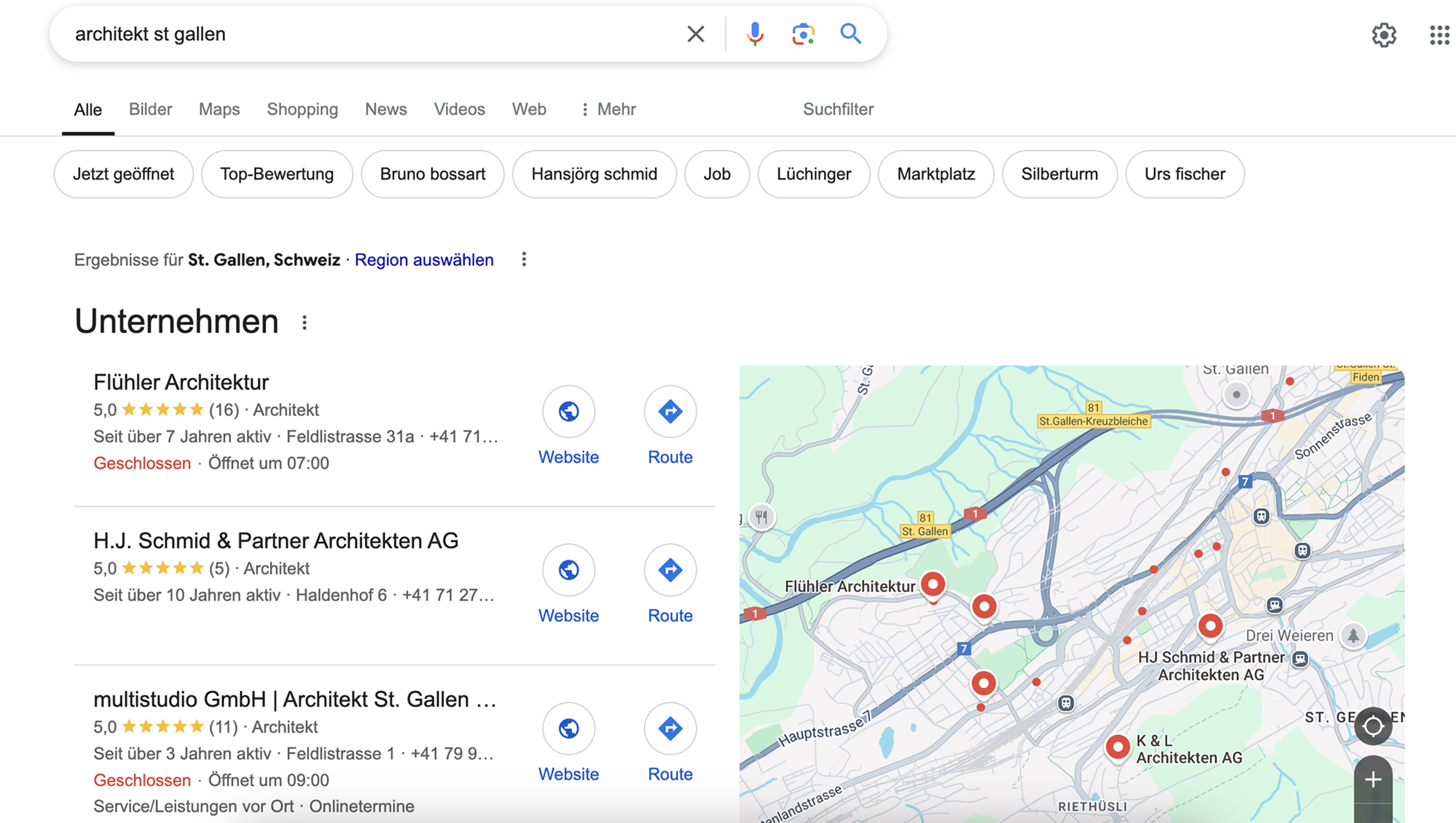 Screenshot einer Google-Suche nach "architekt st gallen", mit einer Liste von Architekturbüros auf der linken Seite und einer Karte mit deren Standorten auf der rechten Seite.