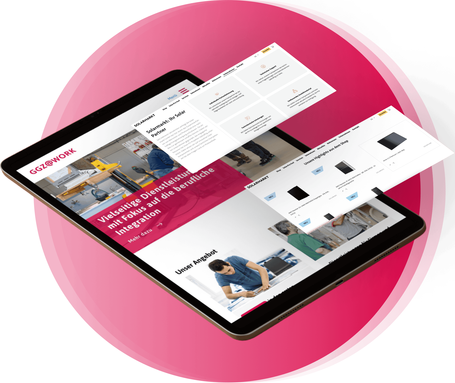 Ein Tablet, auf dem eine Website mit Abschnitten zu Berufsdienstleistungen und Arbeitsintegration angezeigt wird, umgeben von mehreren schwebenden Website-Schnittstellenelementen.