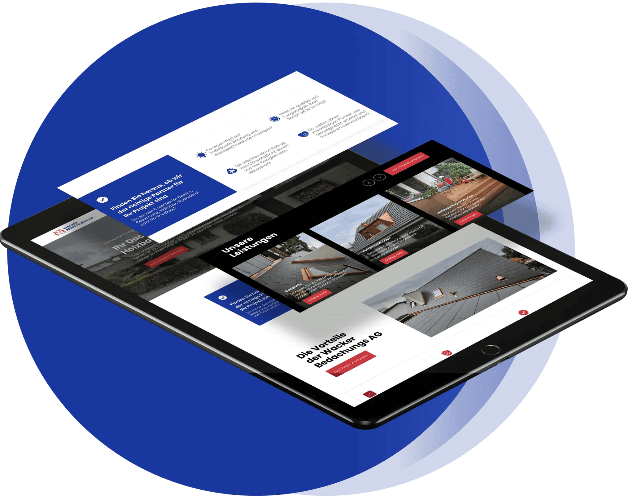 Ein Tablet, auf dem vor einem einfarbig blauen Hintergrund eine Unternehmenswebsite mit Servicebeschreibungen, Bildern von Gebäuden und Informationsabschnitten angezeigt wird.