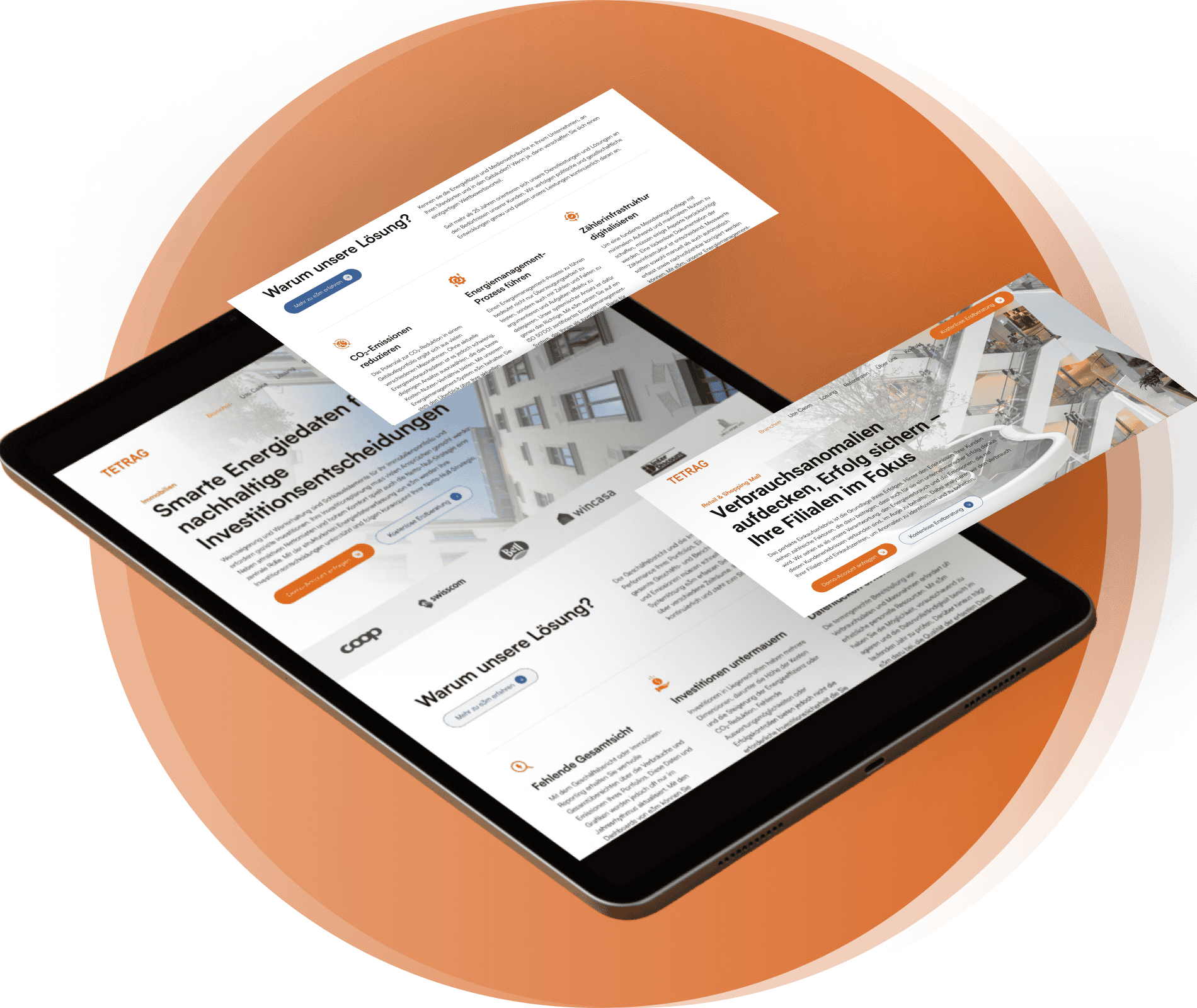 Ein Tablet, auf dem eine Website mit Informationskarten angezeigt wird, die über dem Bildschirm zu schweben scheinen, alles vor einem orangefarbenen, kreisförmigen Hintergrund.