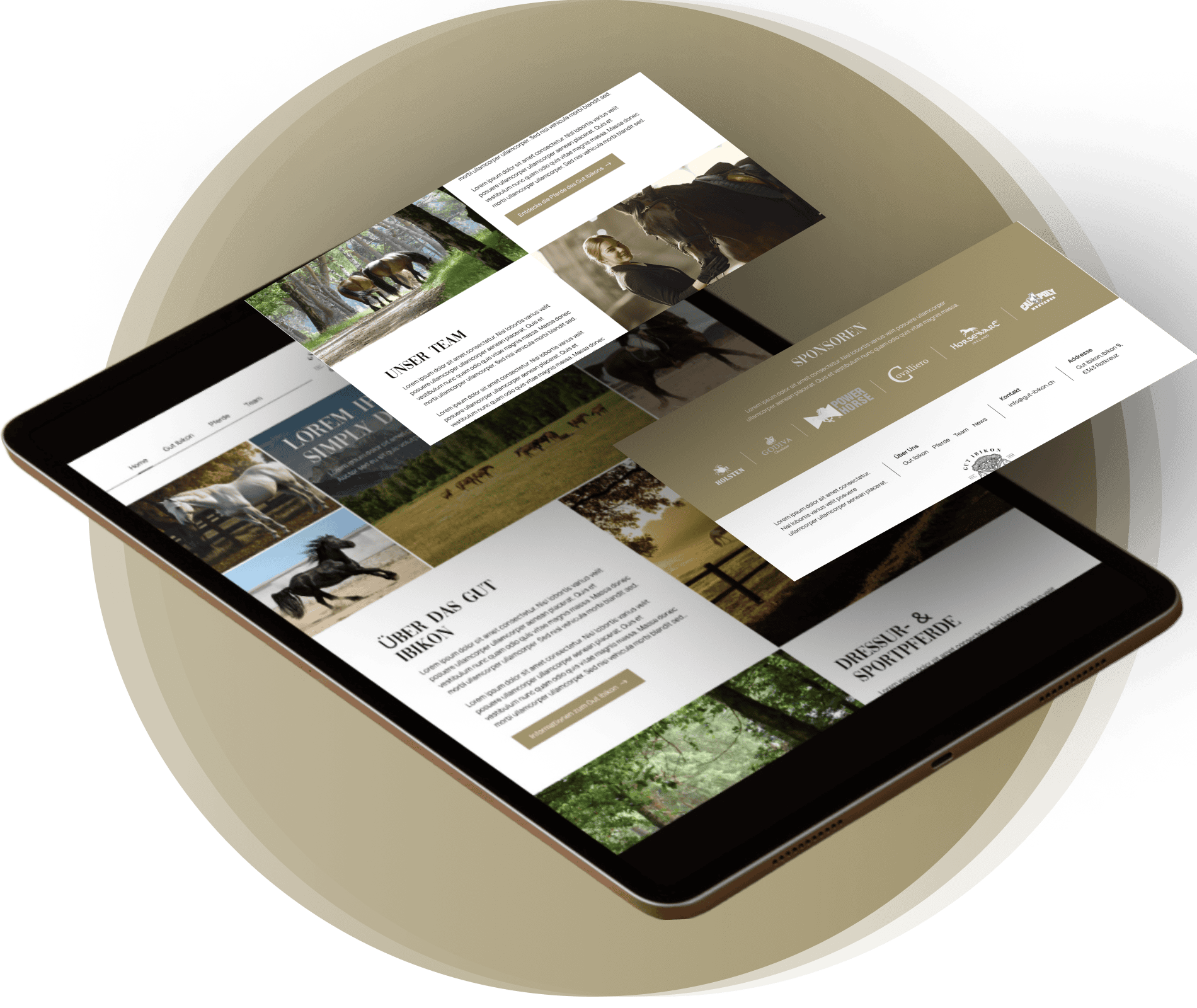 Ein Tablet mit einem eleganten Website-Layout mit Bildern von Pferden, Landschaftsszenen und Designelementen in neutralen Farben.