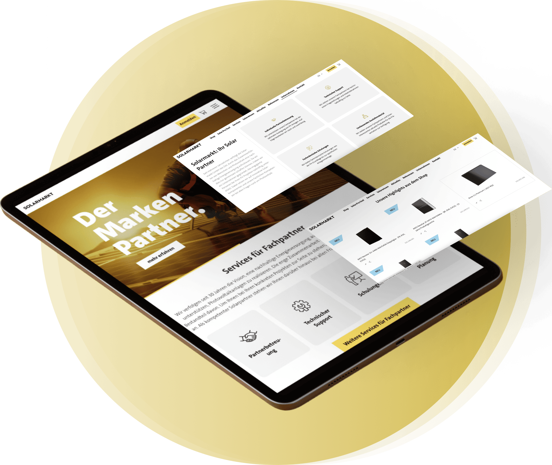 Ein Tablet, auf dem eine Website in deutscher Sprache mit schwebenden Schnittstellenelementen angezeigt wird, darunter Abschnitte für Partnerdienste und Produktauswahl auf einem gelben, kreisförmigen Hintergrund.