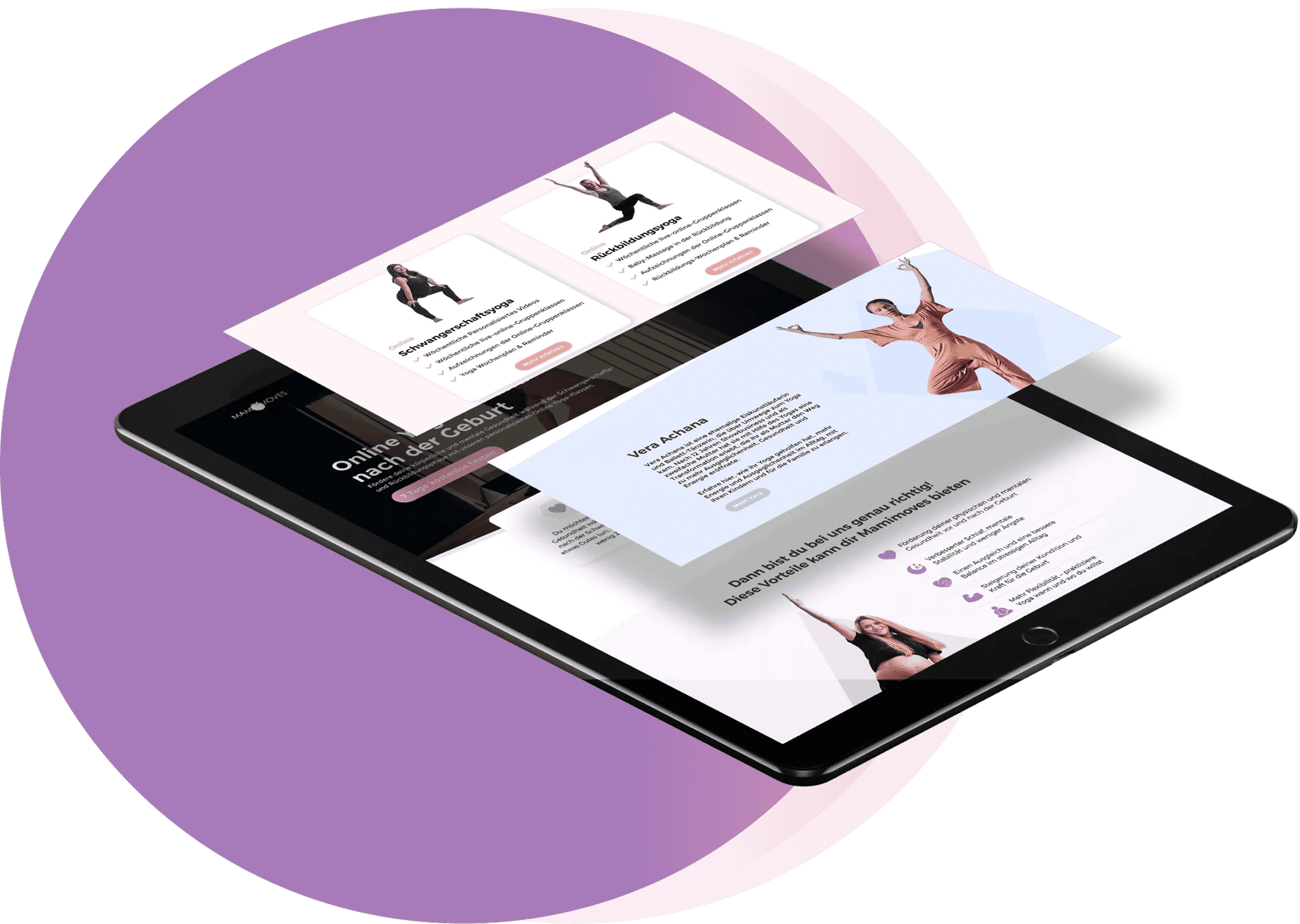 Auf einem Tablet wird eine Website mit übereinander angeordneten schwebenden Schnittstellenelementen angezeigt, die Text und Bilder von Personen in Tanz- oder Fitnessposen vor einem violetten Hintergrund zeigen.