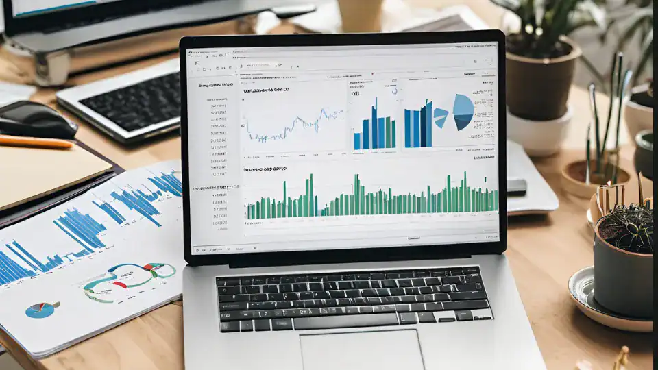 Auf einem Laptop auf dem Schreibtisch werden verschiedene Diagramme und Grafiken angezeigt, die Daten aus einer SEO-Analyse veranschaulichen. Papiere mit ähnlichen Visualisierungen, Büromaterial und Topfpflanzen sind ebenfalls auf dem Schreibtisch zu sehen.