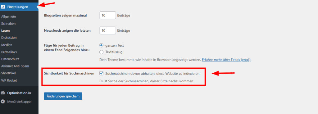 Bild, das zeigt, wie man zu dieser Einstellung in WordPress gelangt