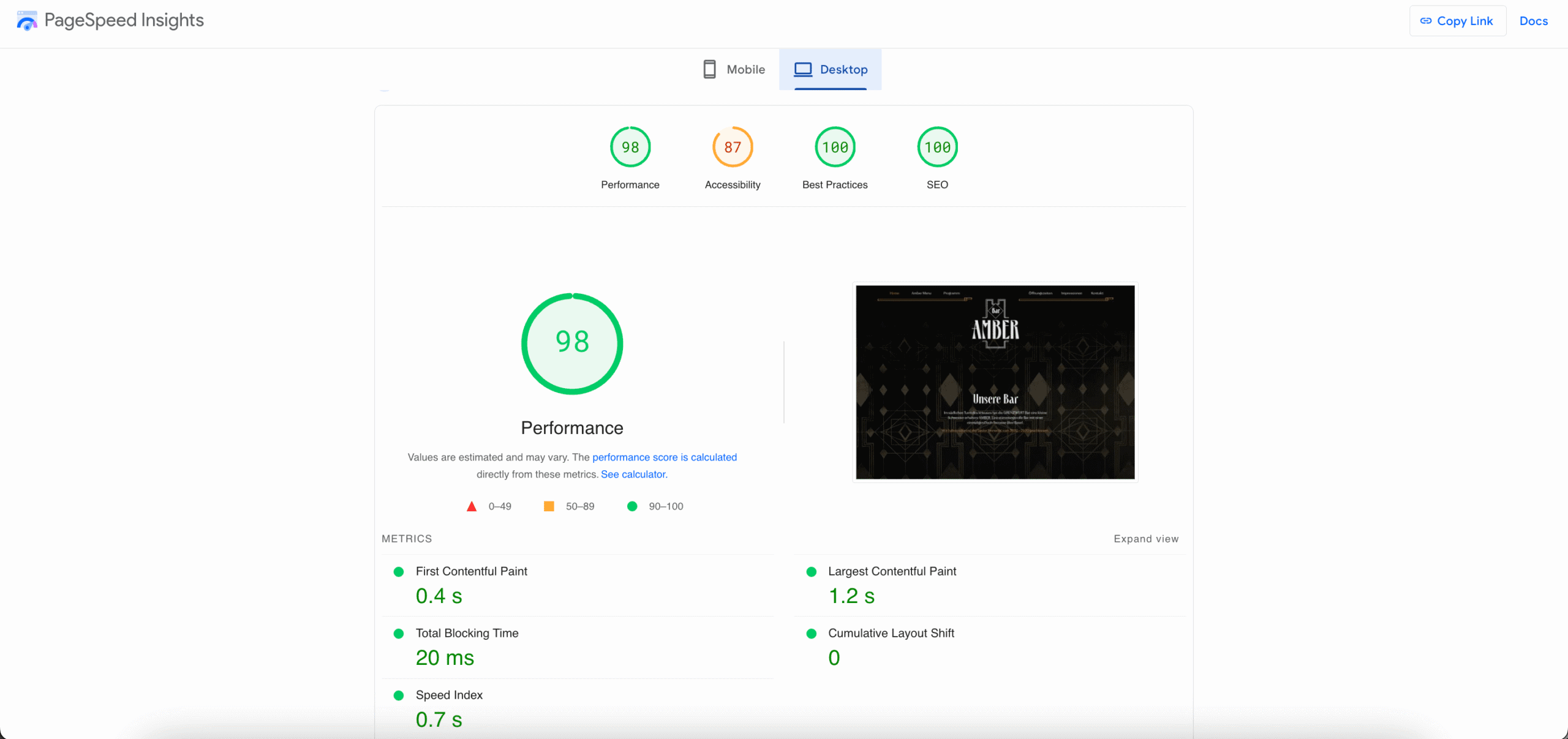 Screenshot von Google Page Speed Insights nachdem eine Optimierung mittels WP Rocket durchgeführt wurde