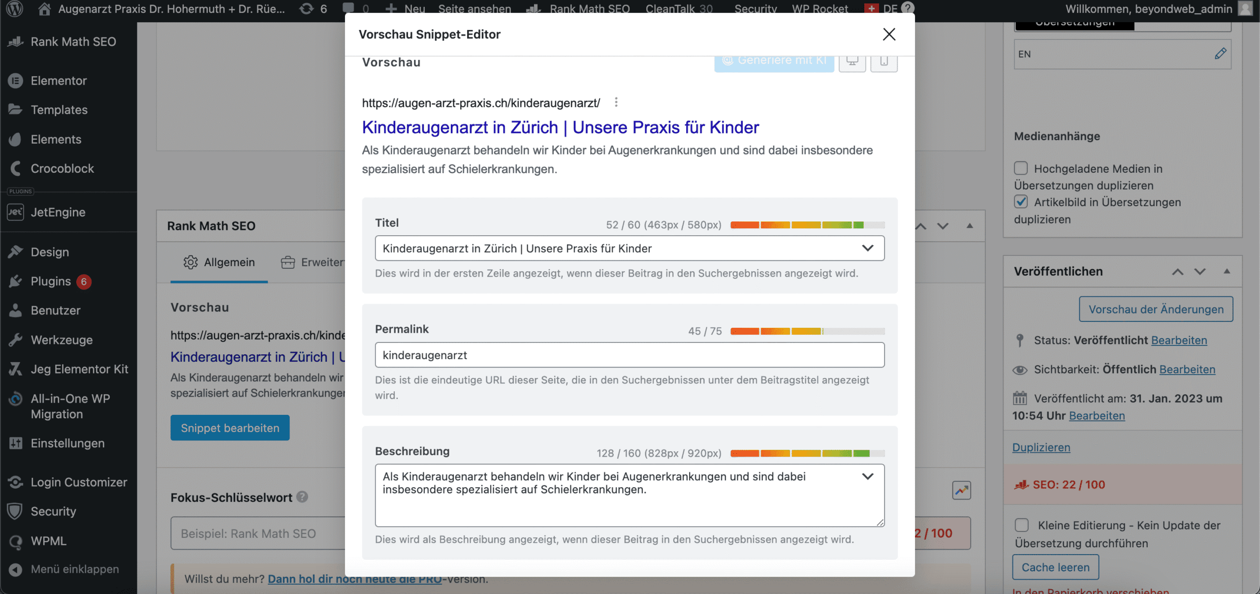 Ausschnitt von den Rank Math Settings zum einstellen von Meta Titel und Beschreibungen.