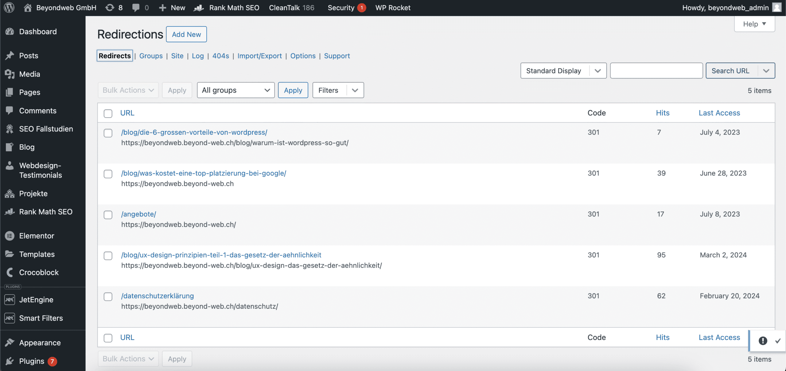 Screenshot von den Weiterleitungen des Redictions Plugins.