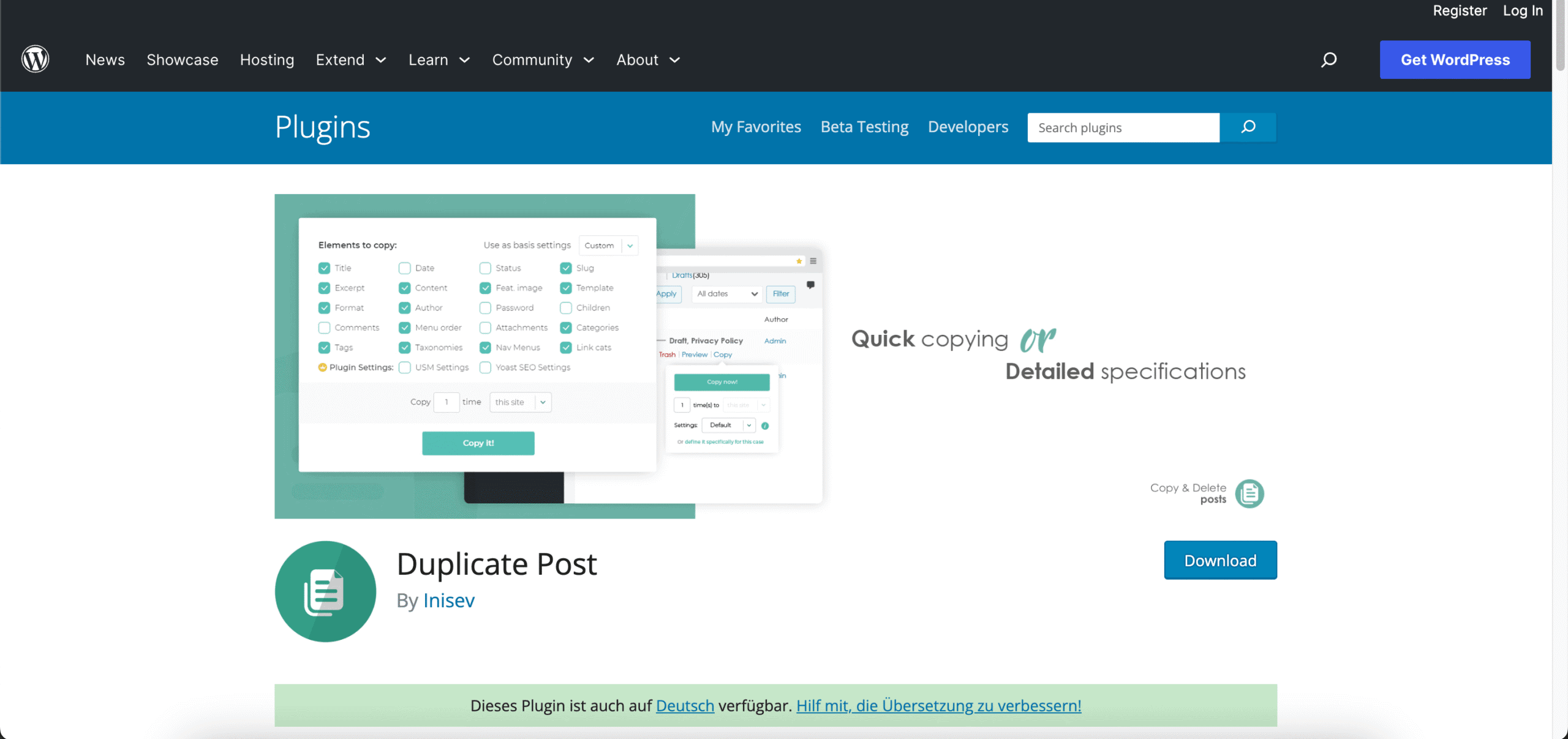 Screenshot der Plugin Website von Duplicate Post
