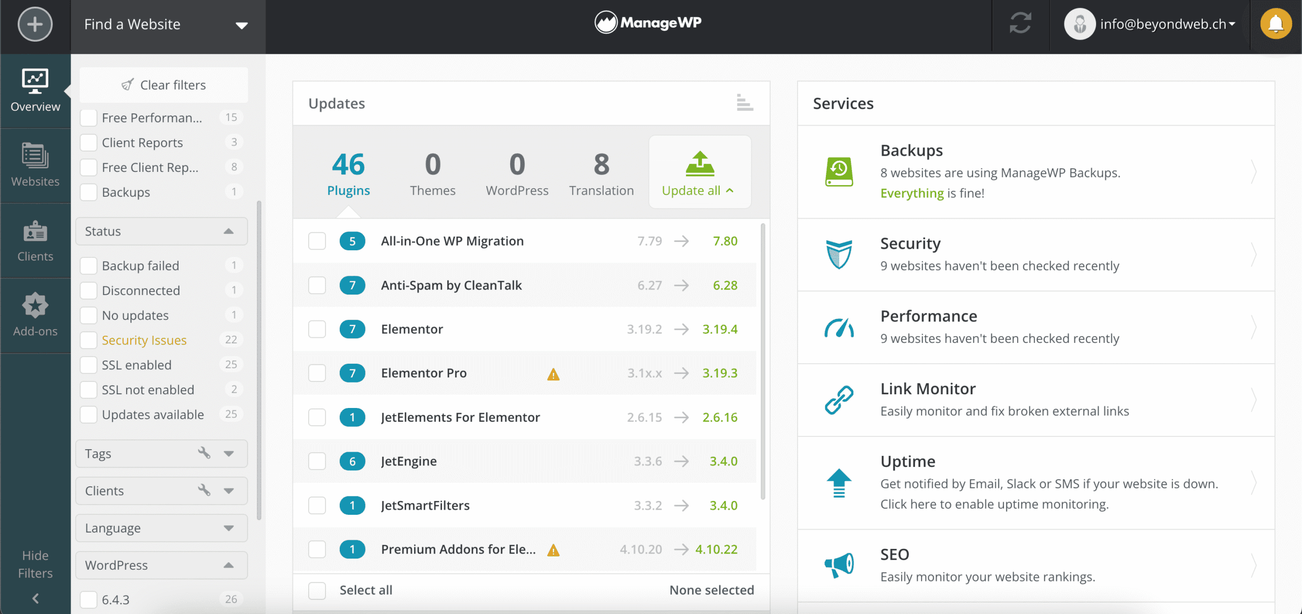Screenshot vom Plugin Dashboard von ManageWP Worker