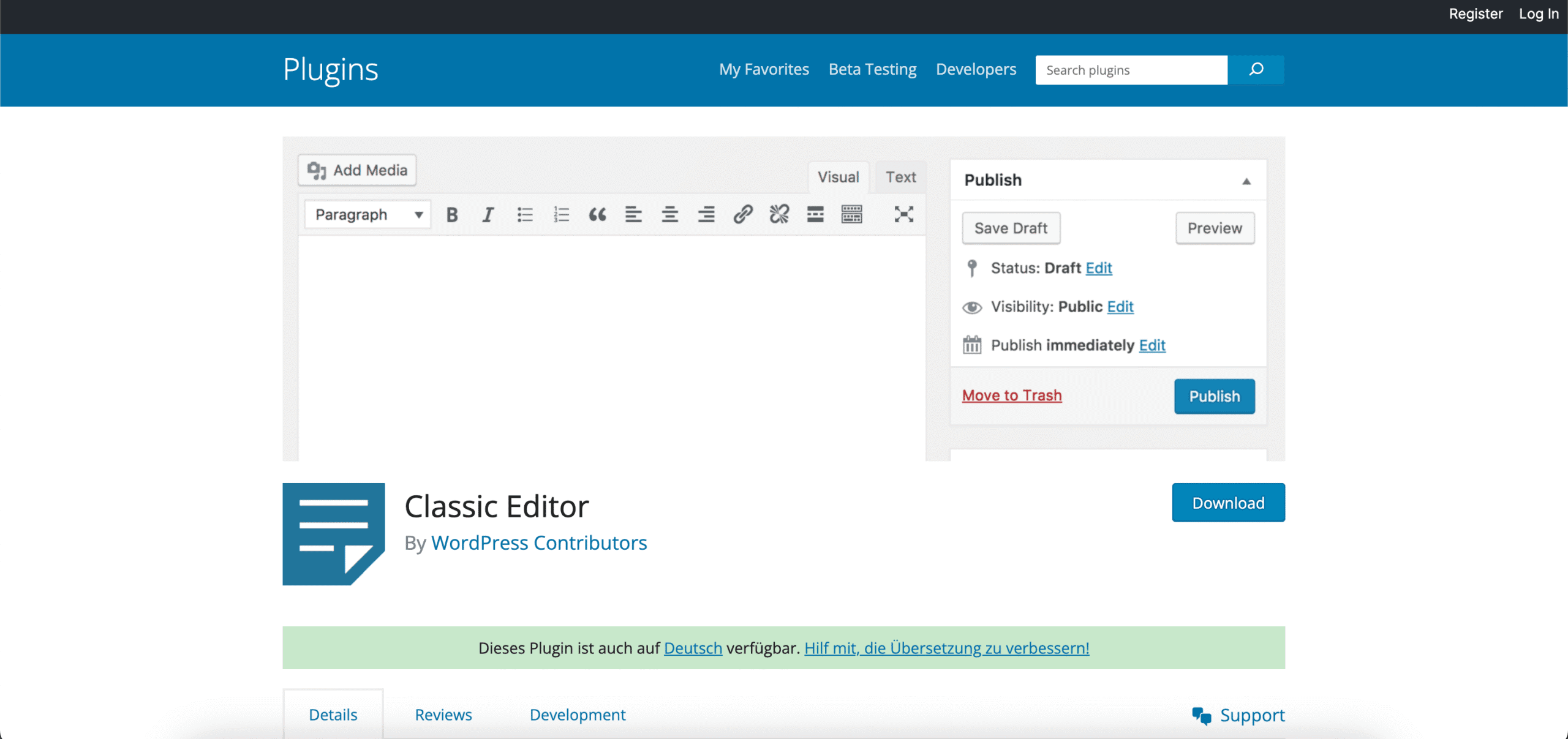 Screenshot der Plugin Website von Classic Editor
