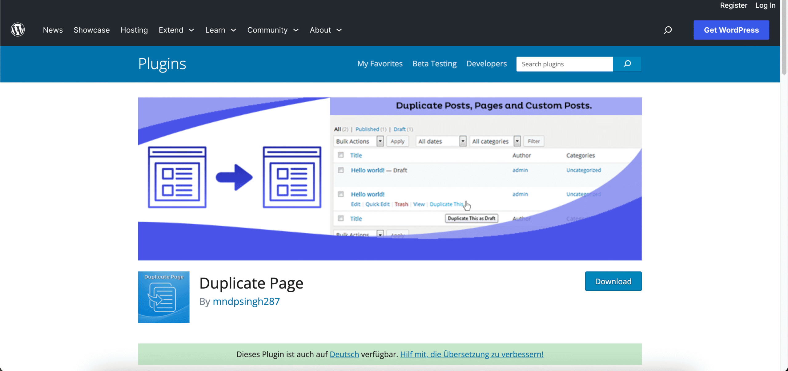 Screenshot der Plugin Website von Duplicate Page