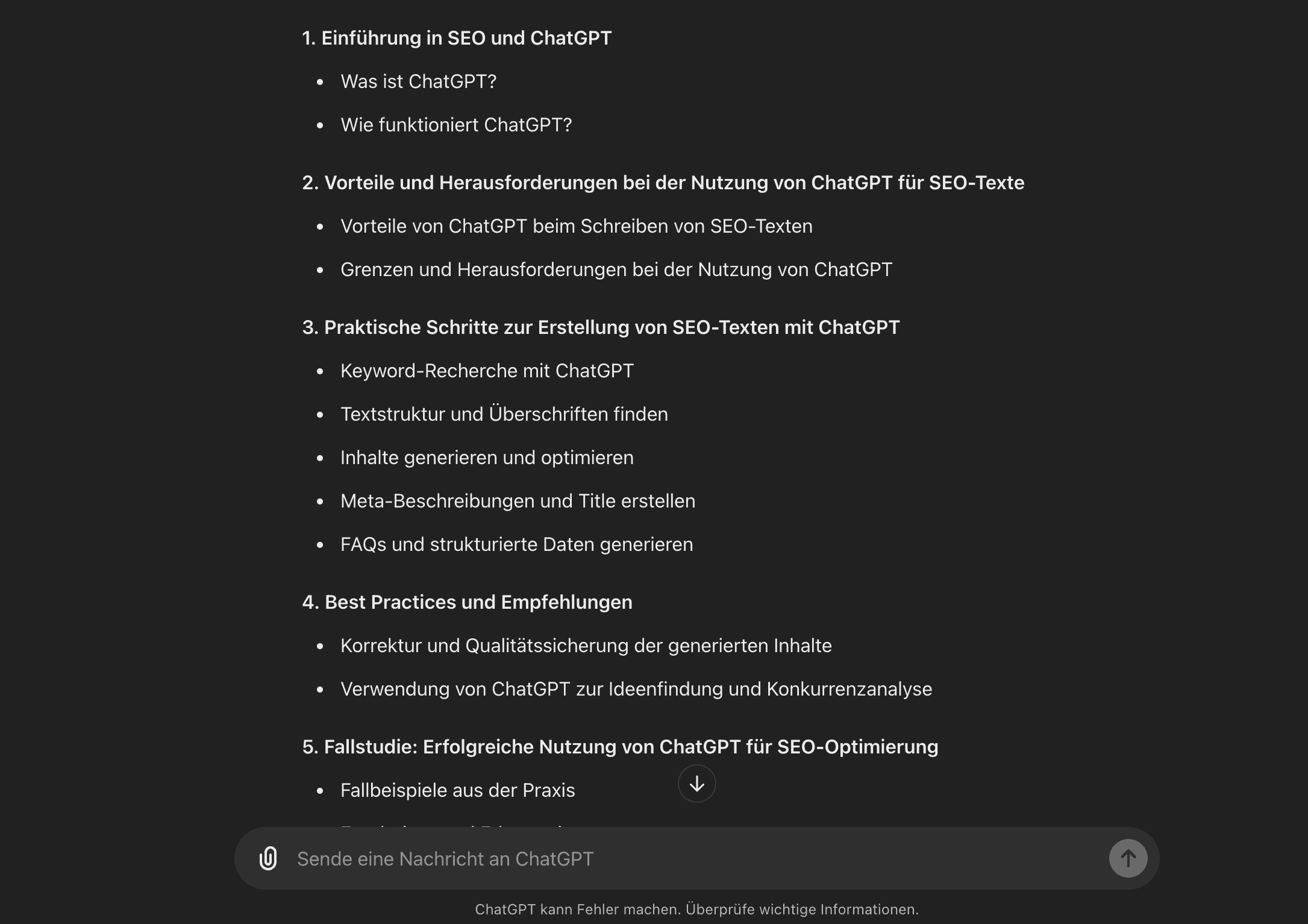 Beispiel für eine Antwort von ChatGPT zur Erstellung eines Inhaltsverzeichnisses