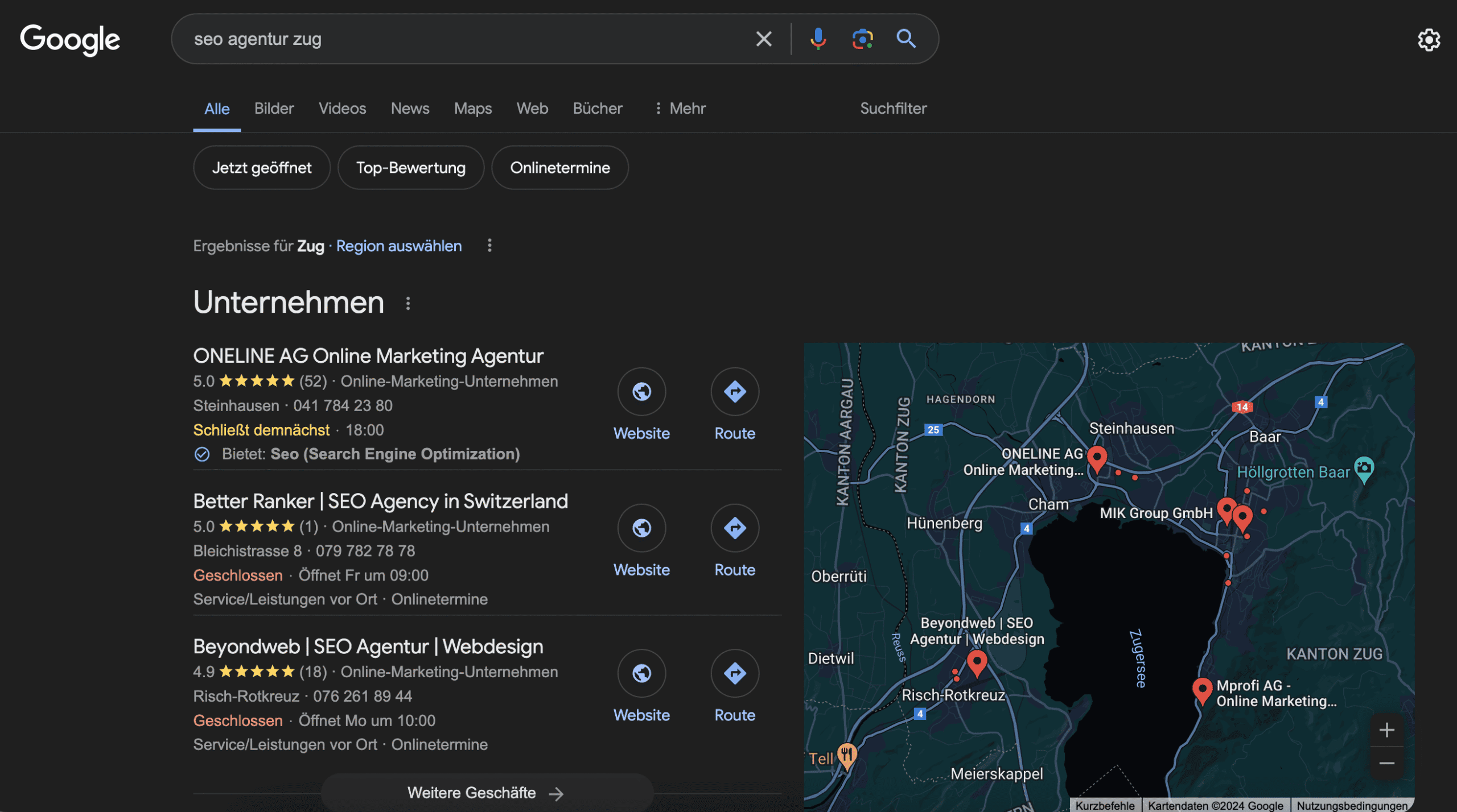 Screenshot von Google Map Pack mit lokalen Suchergebnissen