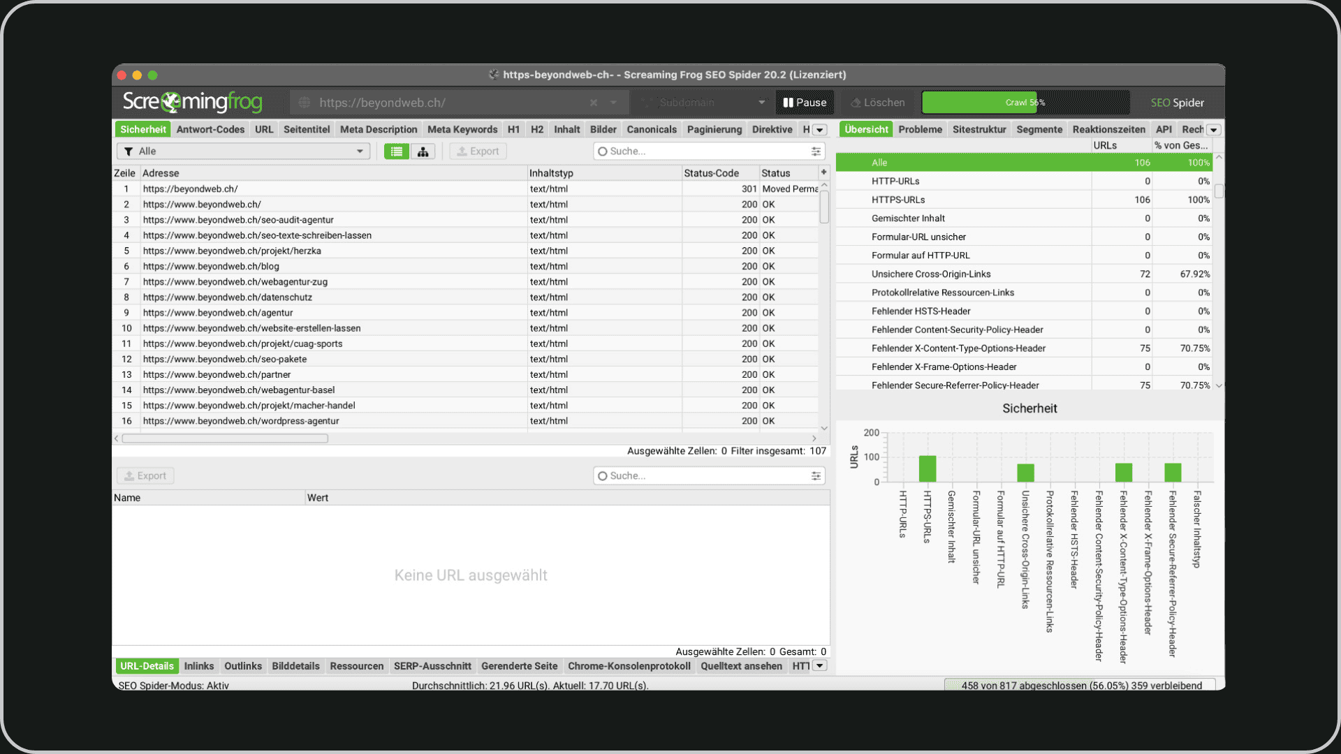 Screenshot von einem Crawl mit der SEO-Software Screaming Frog
