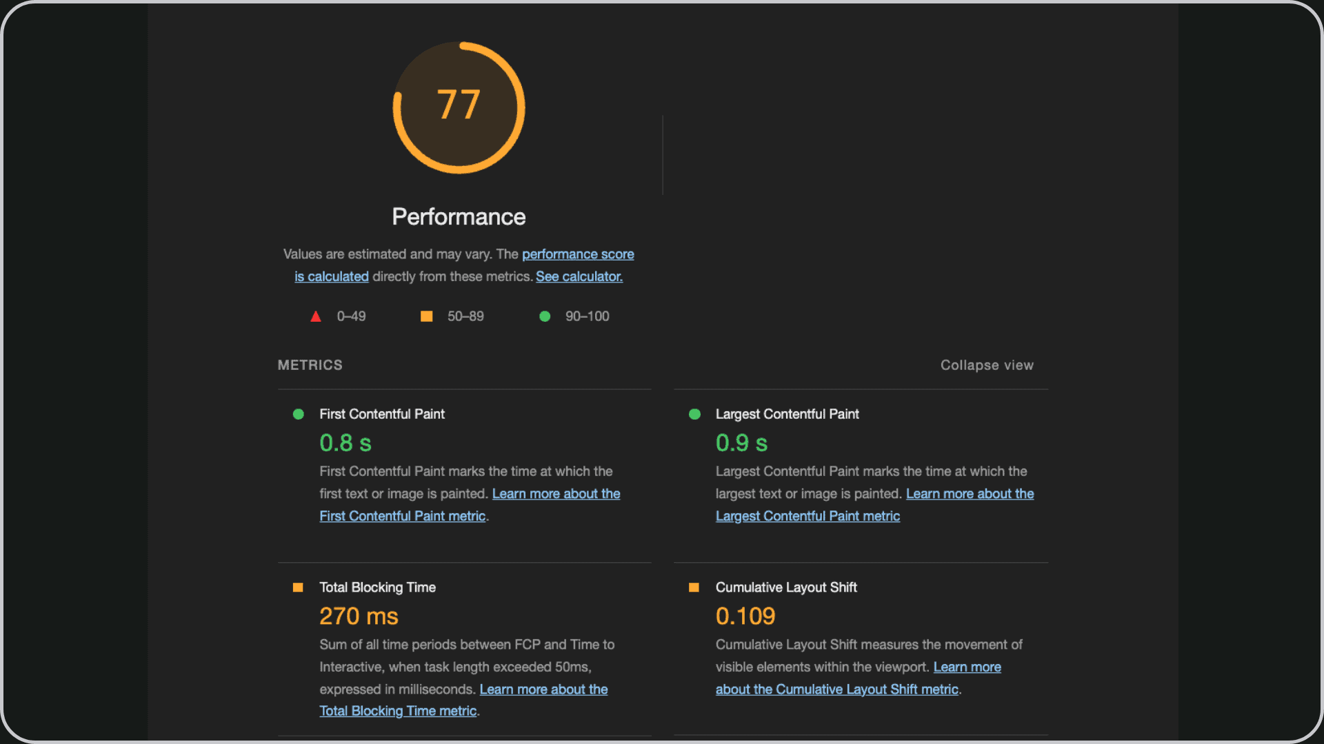 Übersicht eines Geschwindigkeitstests von Google Pagespeed Insights