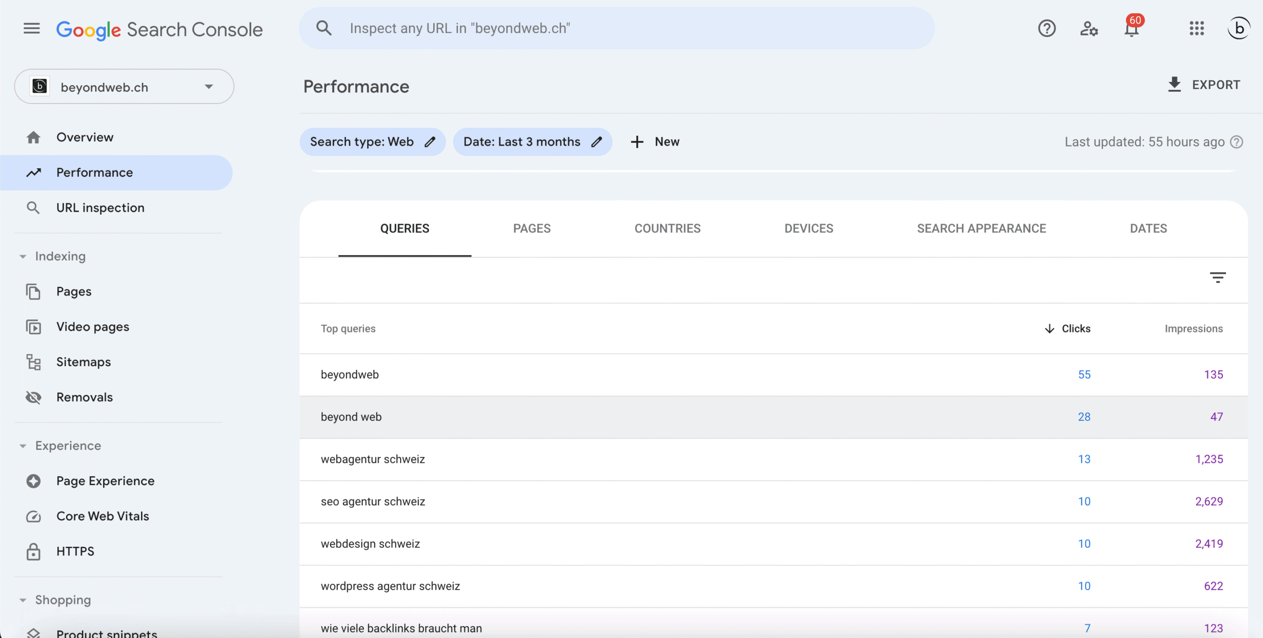 Screenshot von Google Search Console