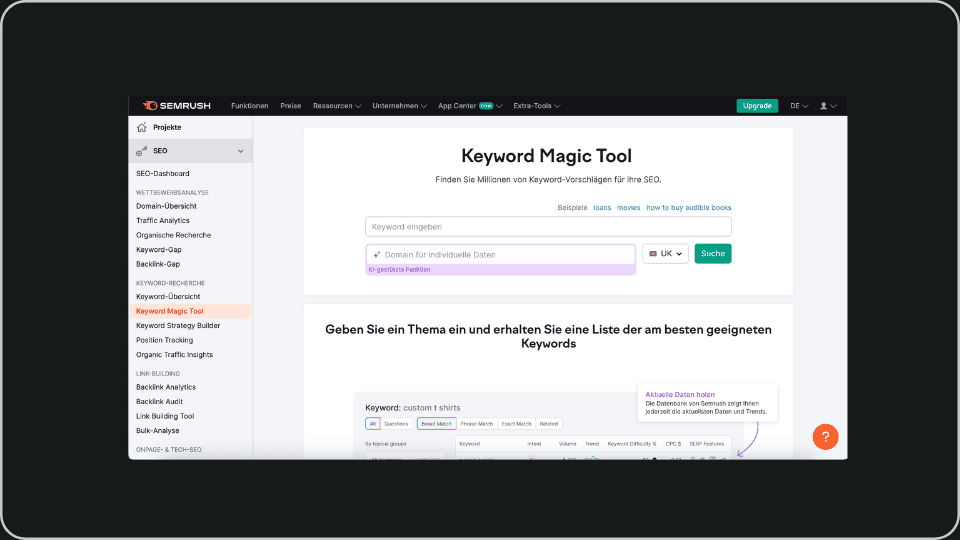 Screenshot von der SEMrush Keyword-Explorer Software