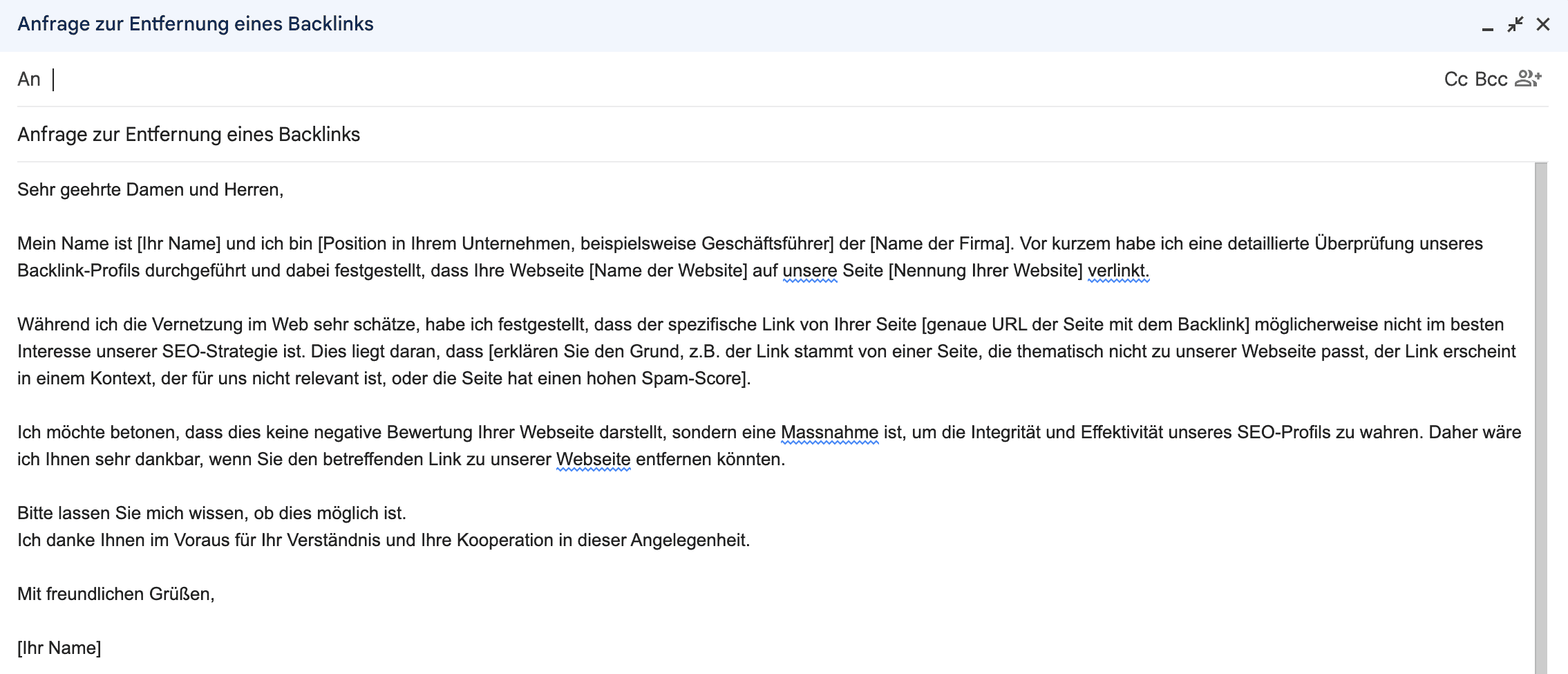 Beispiel für eine Kontaktaufnahme mit einem Webmaster, um toxischen Backlink entfernen zu lassen