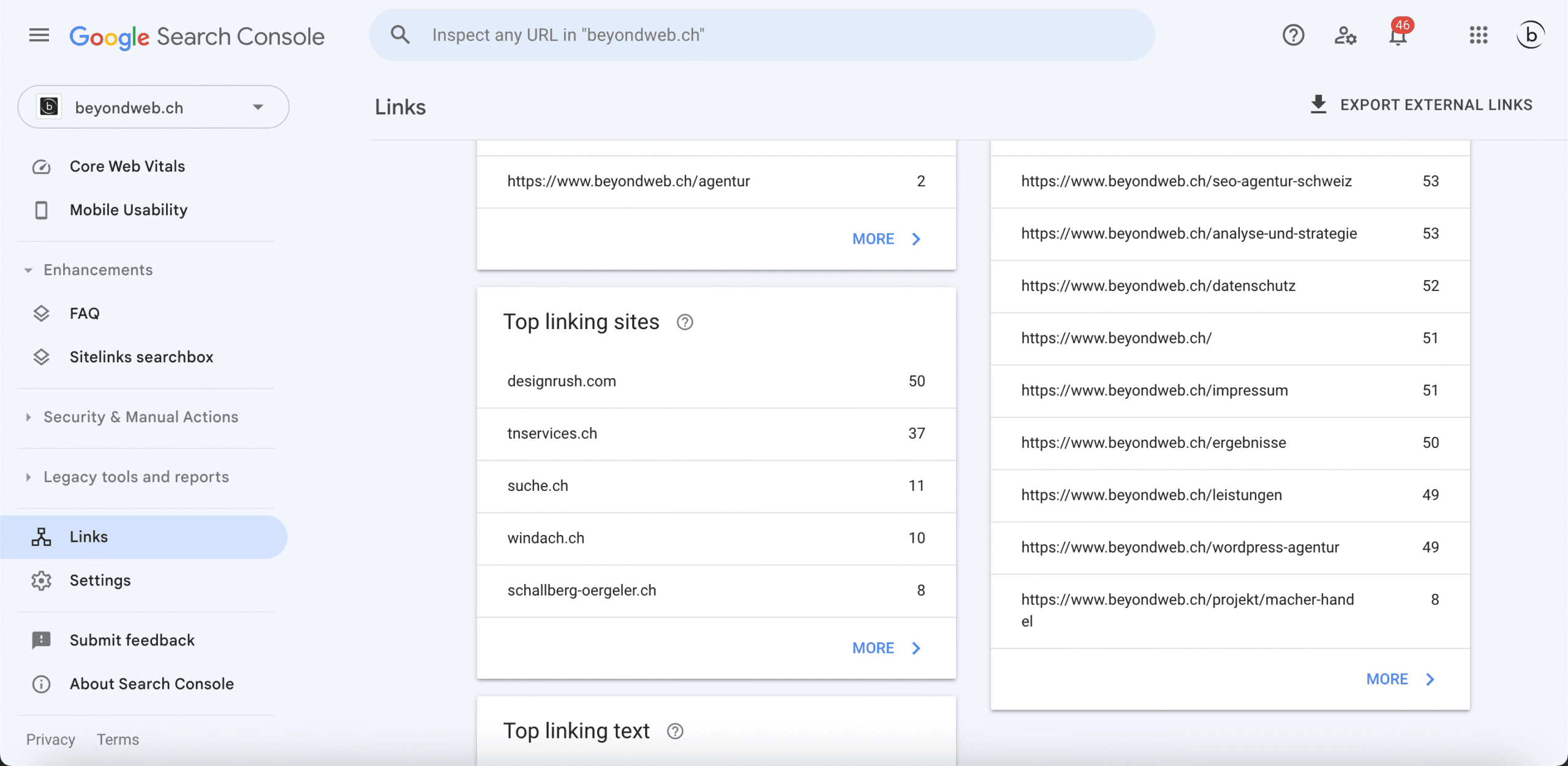 Screenshot der aufzeigt, wie man die Backlinks in der Google Search Console findet