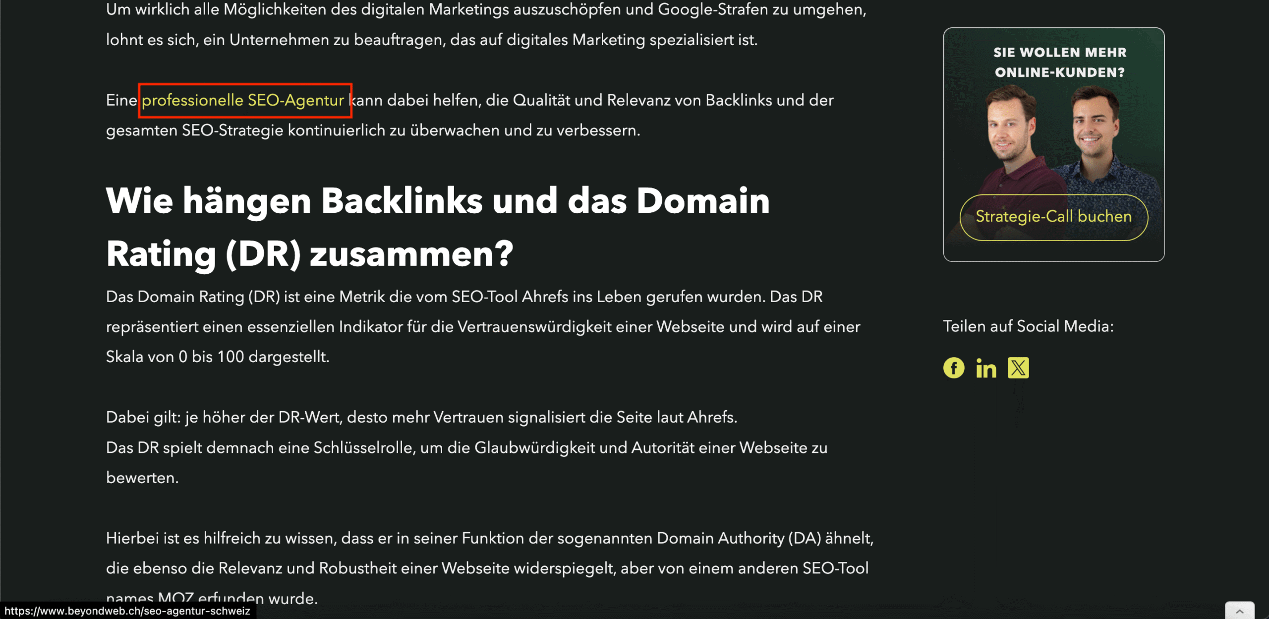 Ein Beispielbild einer Website mit einem Ankertext