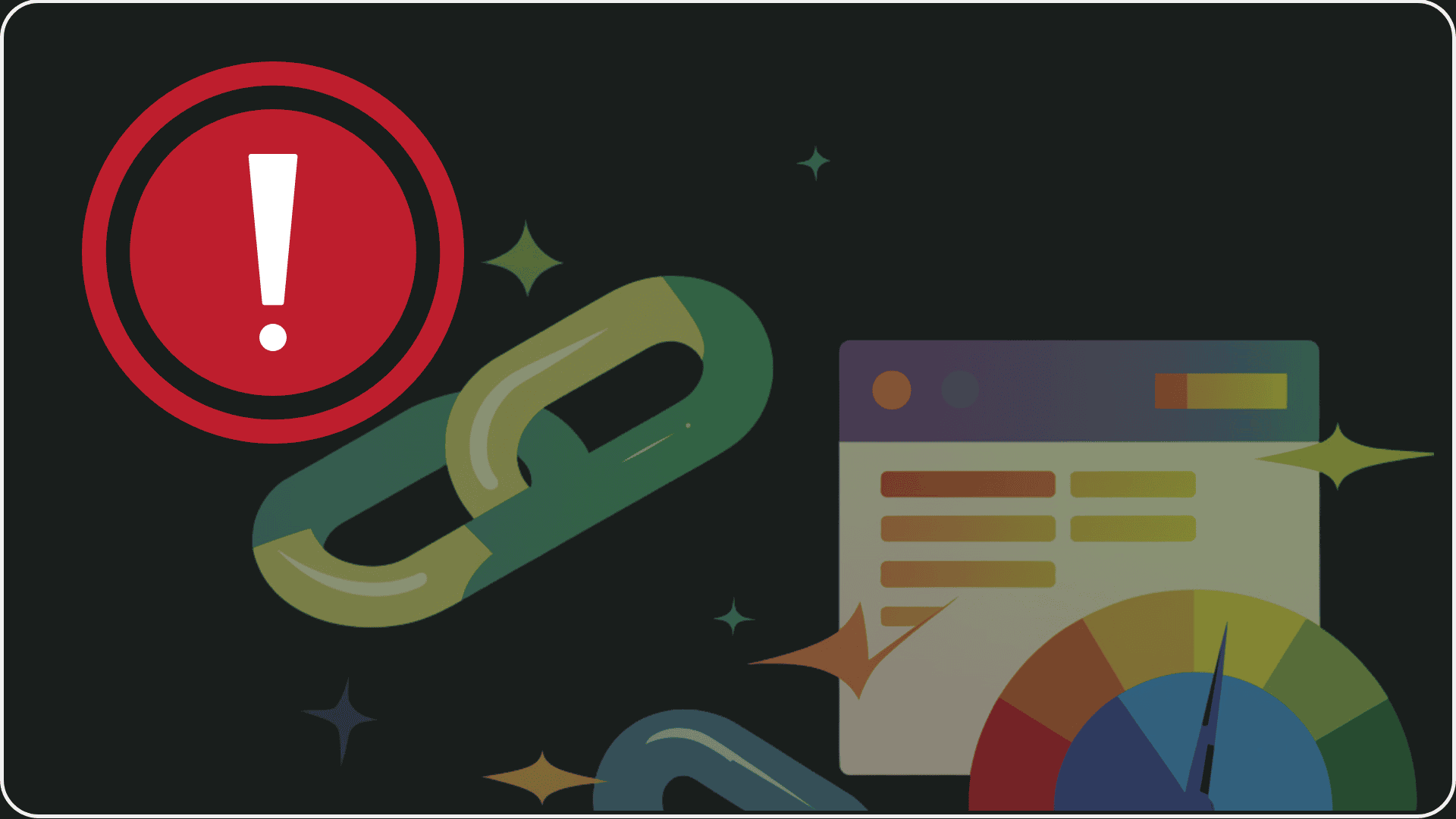 Rotes Warnsymbol mit Ausrufezeichen, Backlink-Symbol und Geschwindigkeitsanzeige auf schwarzem Hintergrund