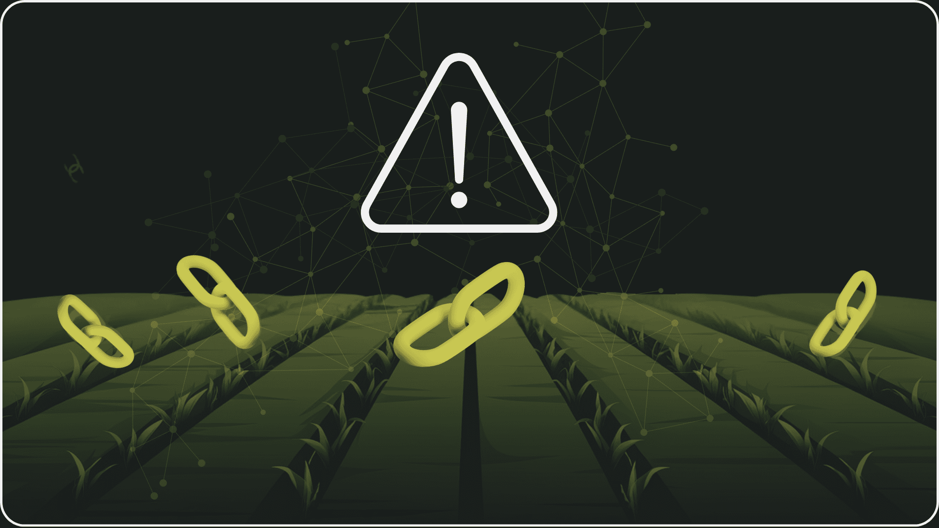 Link symbol auf einem grünen Feld mit einem weißen Warnsymbol und Netzwerkverbindungen im Hintergrund