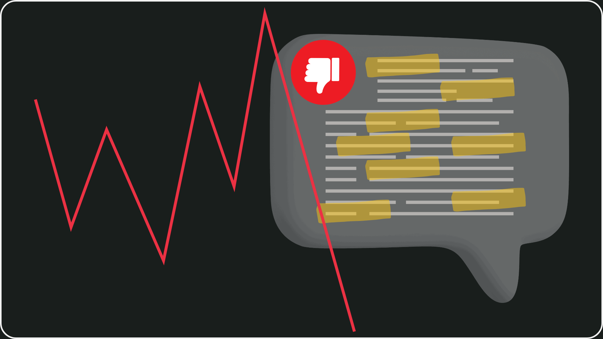 Roter Abwärtstrend mit Daumen-runter-Symbol und Textblase mit hervorgehobenen viel verwendeten Keywords auf schwarzem Hintergrund
