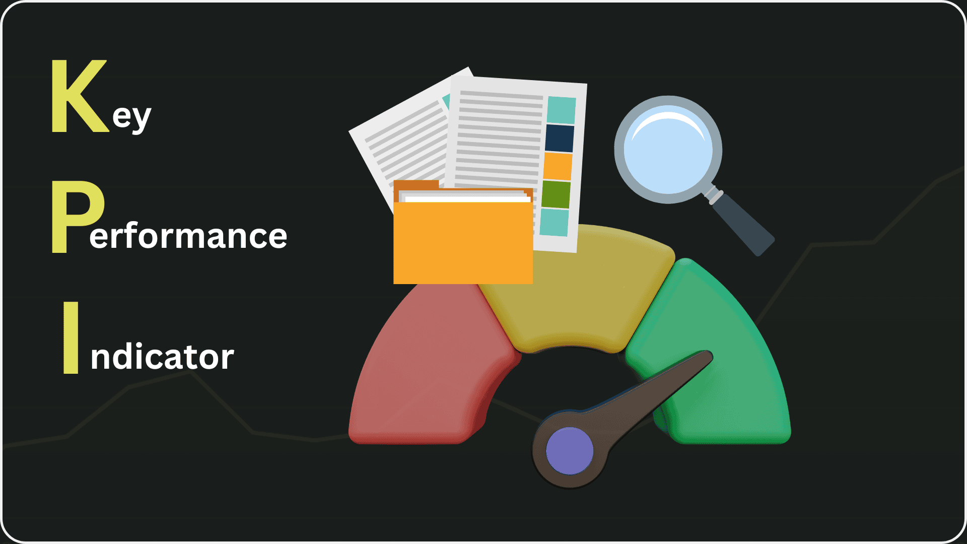 Infografik zu Key Performance Indicator (KPI) mit den Buchstaben "K", "P" und "I" für Key, Performance und Indicator, sowie einer farbigen Messanzeige, einer Lupe und Dokumenten, die das Konzept der KPI-Messung und Analyse darstellen