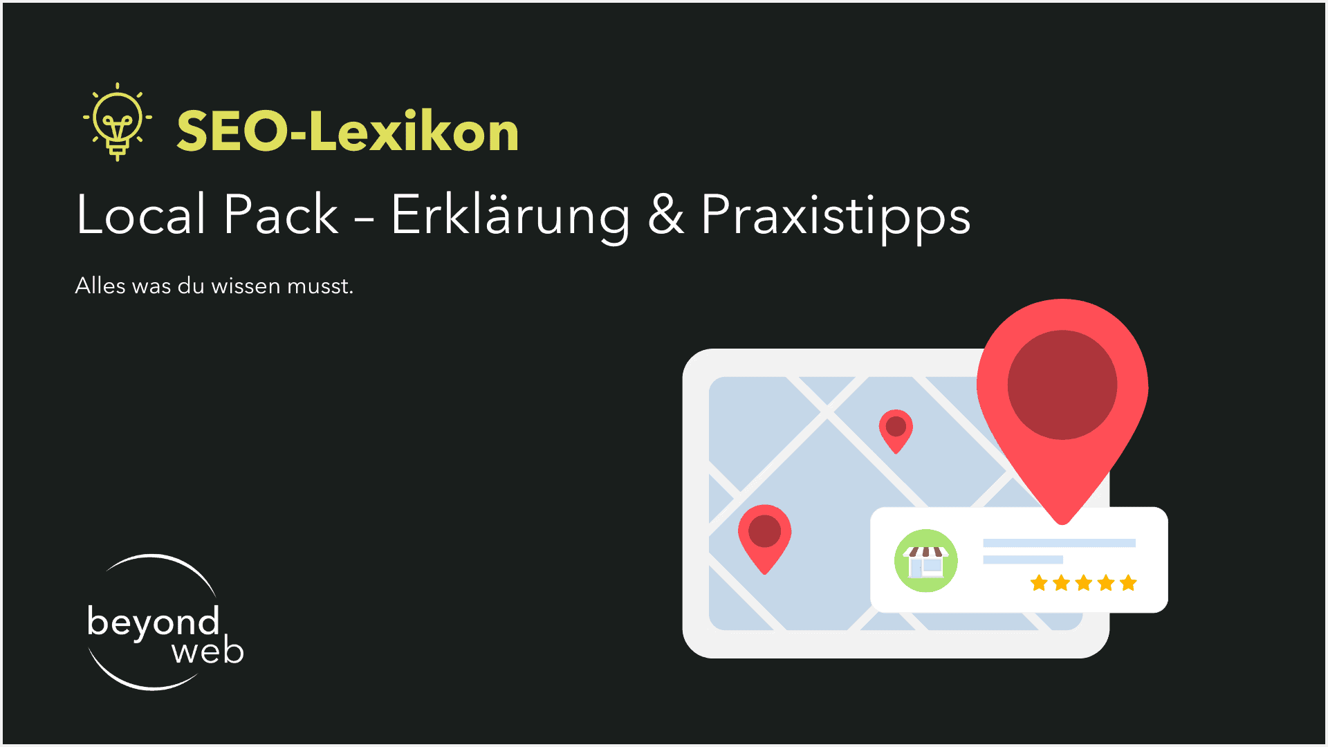 Folie mit dem Titel „SEO-Lexikon: Local Pack – Erklärung & Praxistipps“, einer Map-Illustration mit Location Pins, Local Pack als zentrales Thema und dem beyond web Logo.