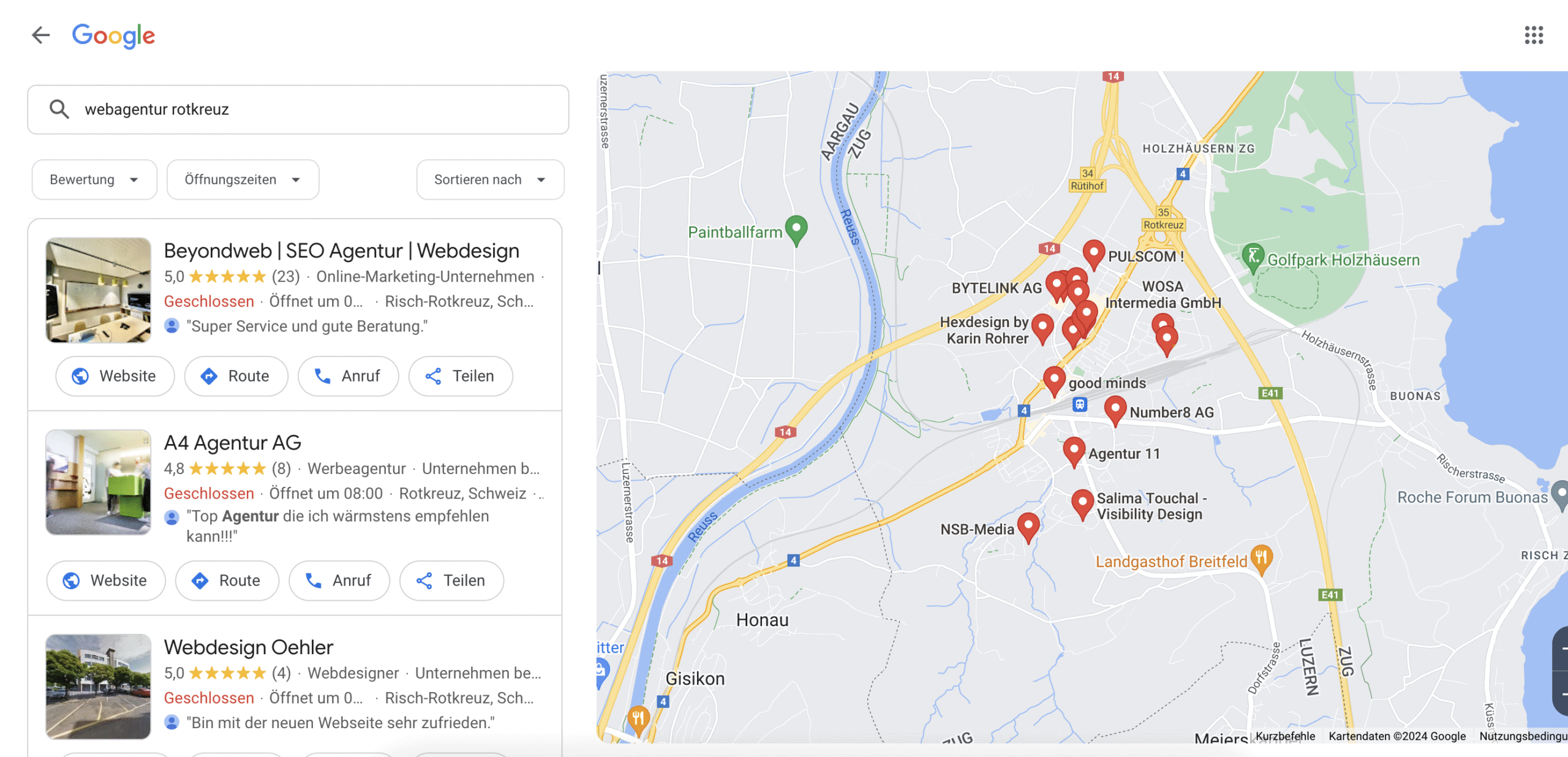 Screenshot der Google-Suche nach "Webagentur Rotkreuz." Die Local Pack-Ergebnisse zeigen drei Agenturen: Beyondweb | SEO Agentur | Webdesign mit 5,0 Sternen aus 23 Bewertungen