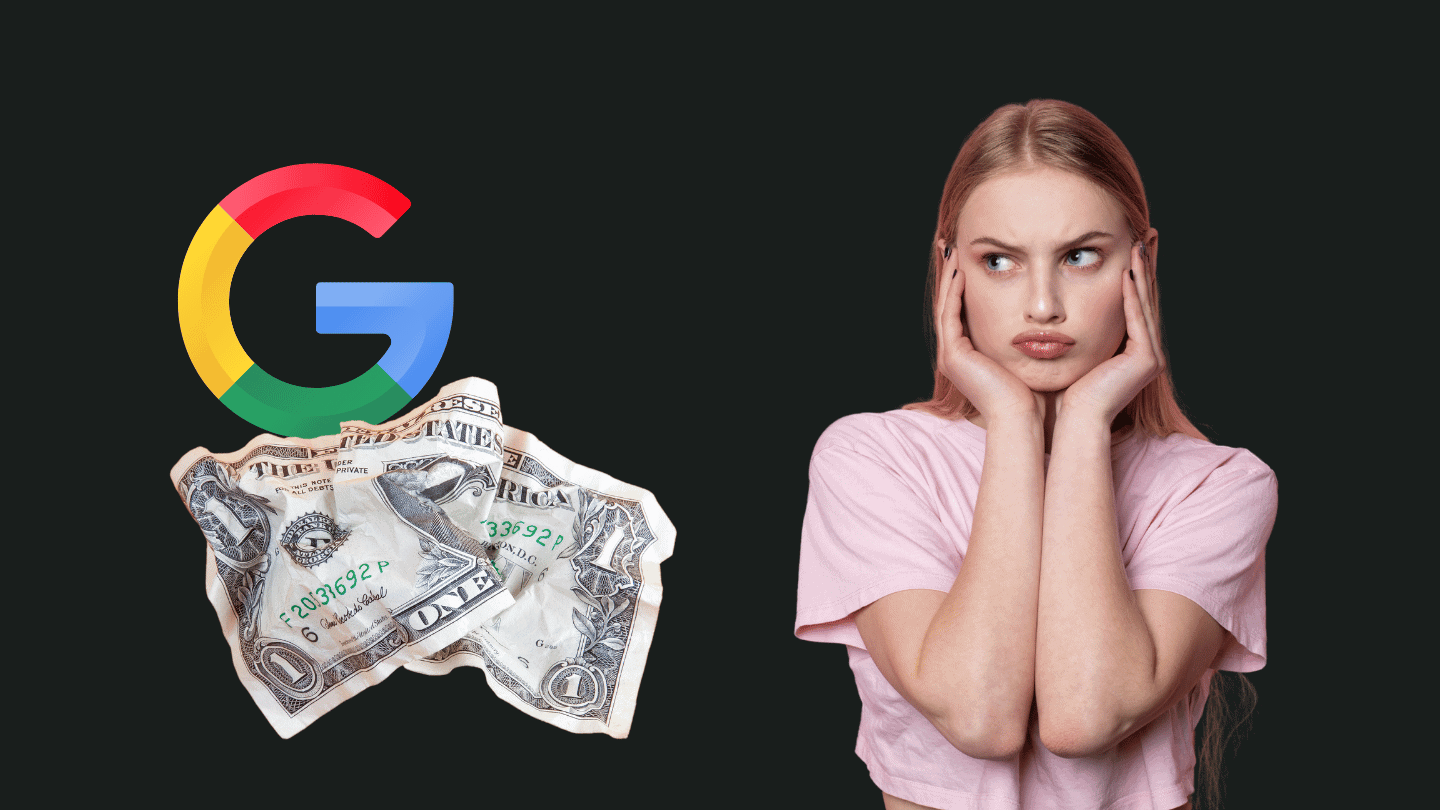 Eine Frau in einem rosa Hemd wirkt unzufrieden und hält sich mit beiden Händen das Gesicht. Neben ihr deuten das Google-Logo und zwei zerknitterte Ein-Dollar-Scheine darauf hin, dass sie sich fragt: Lohnt sich SEO überhaupt noch? Alle Elemente heben sich vor einem schwarzen Hintergrund ab.