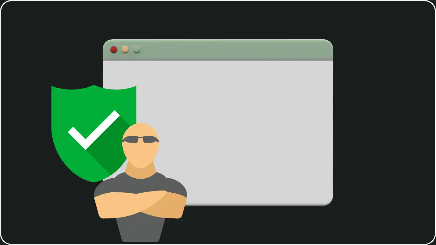 Eine Website mit einem grünen Schild mit Haken und einem Türsteher im Vordergrund, was Sicherheit symbolisiert.