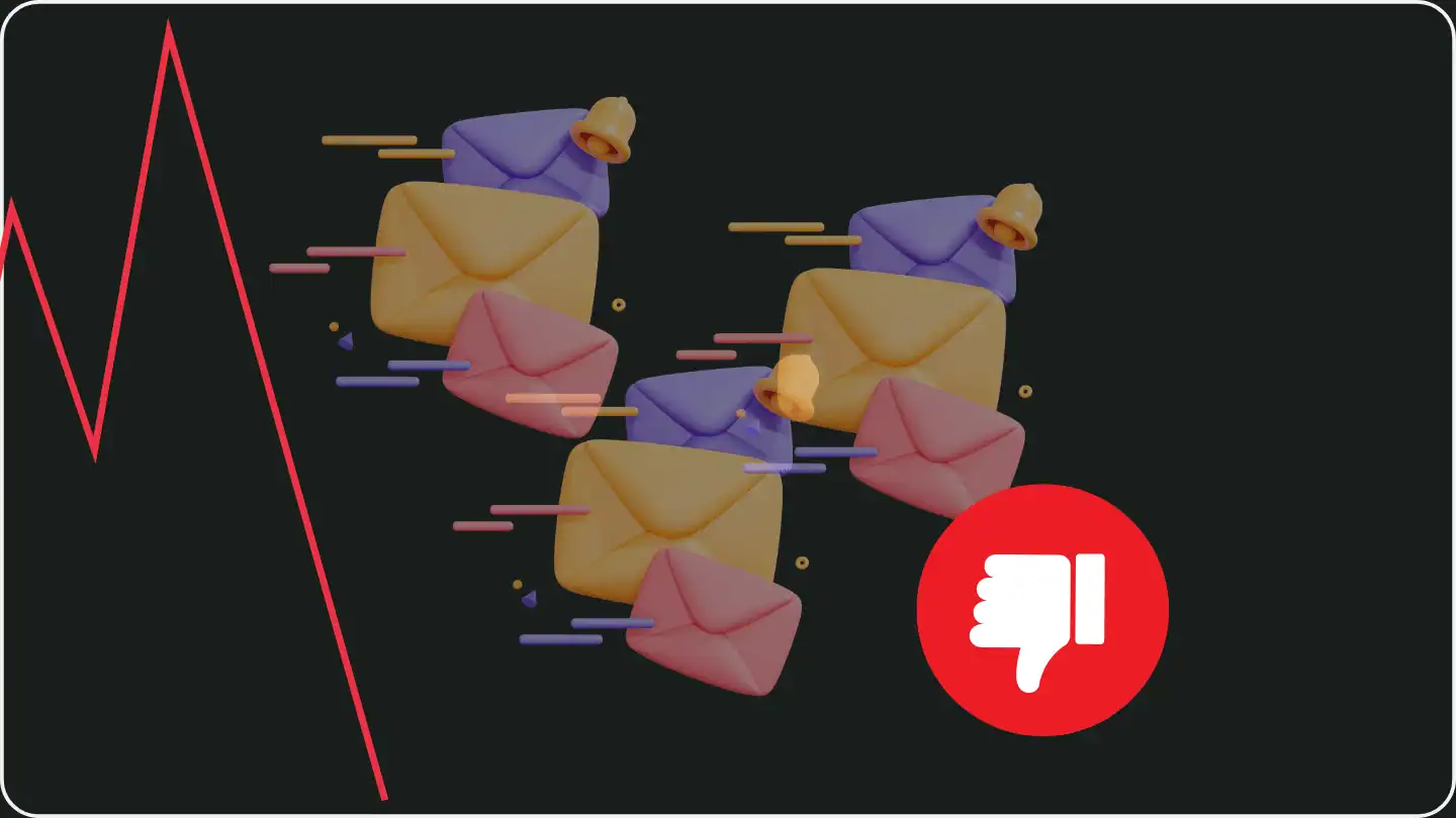 Mehrere farbige E-Mail-Symbole, die eine grosse Menge an Nachrichten darstellen. Ein rotes Daumen-nach-unten-Symbol und eine rote Zickzacklinie deuten auf negative Auswirkungen oder unerwünschte Spam-Nachrichten hin.