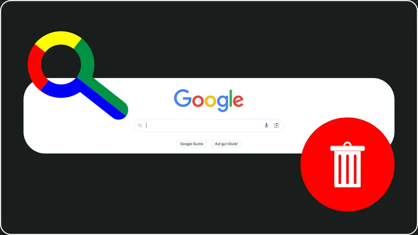 Google-Suchleiste mit einer bunten Lupe und einem roten Papierkorb-Symbol, das die Löschung oder Entfernung von Inhalten symbolisiert