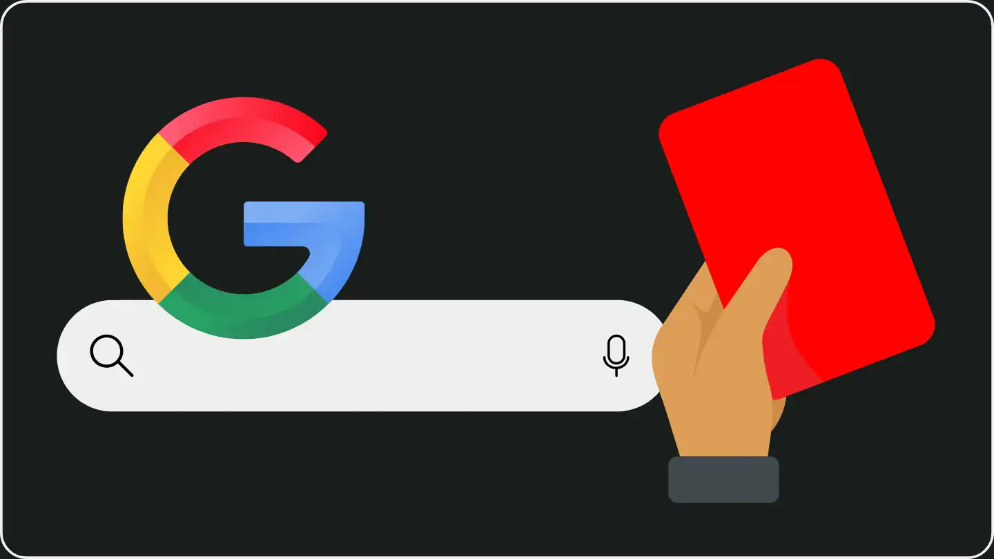 Google-Suchleiste mit einem großen Google-Logo und einer Hand, die eine rote Karte hält, als Symbol für eine Google Abstrafung