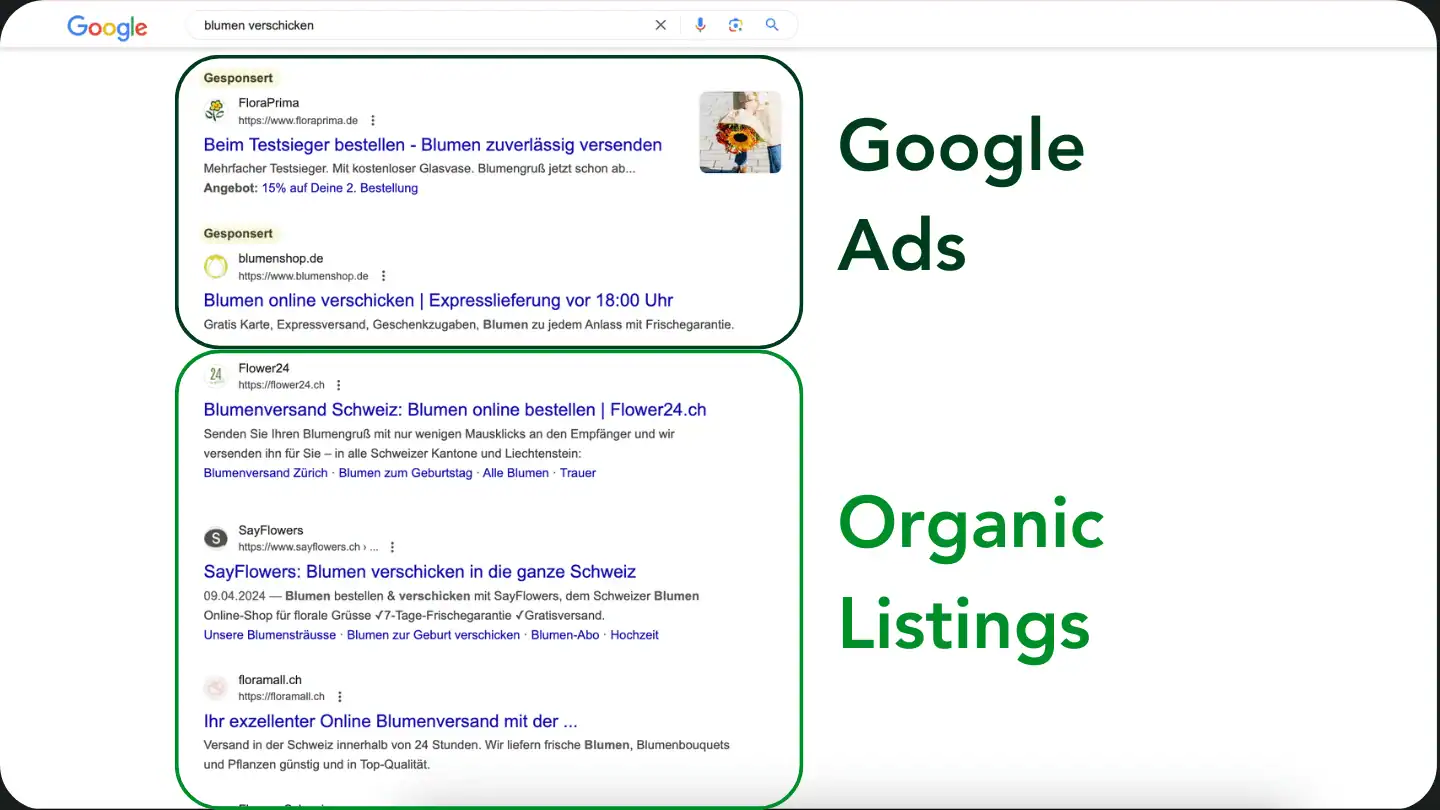 Screenshot und Markierungen zur visuellen Erklärung, was Google Ads sind und wie sie sich von organischen Suchergebnissen unterscheiden