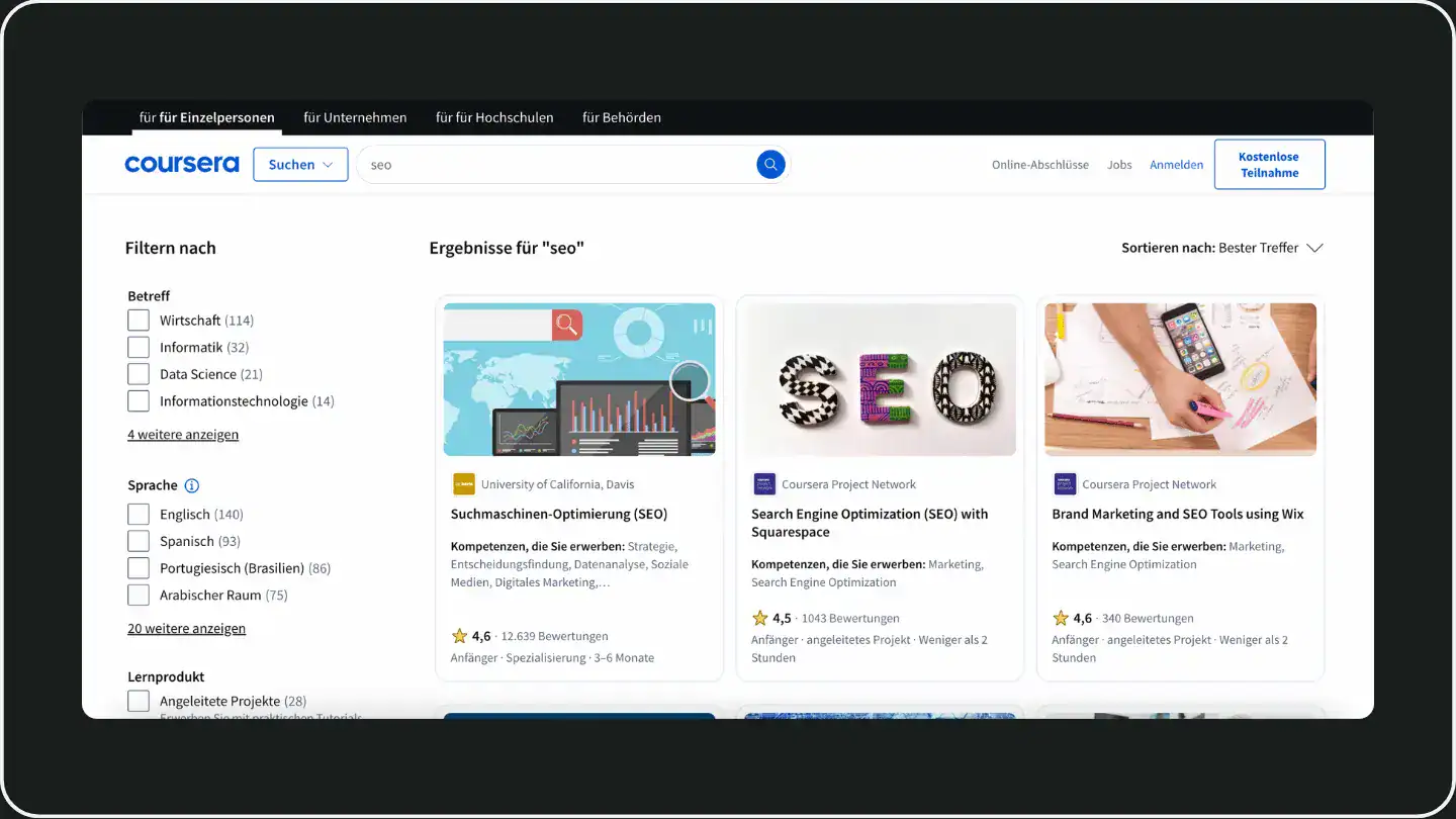 Screenshot on Coursera, der viele verschiedene SEO-Kurse zeigt
