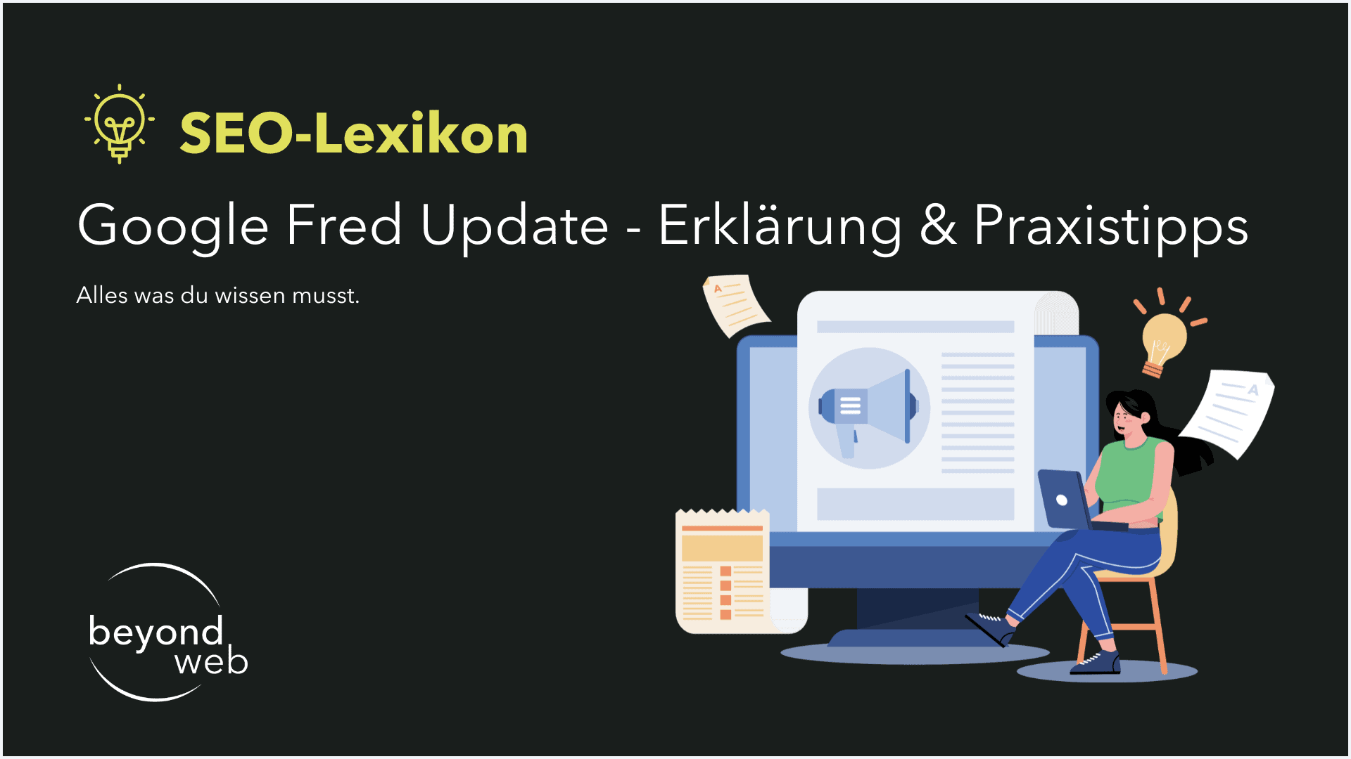 Eine Frau arbeitet an einem Laptop neben einem großen Computermonitor, auf dem ein Video mit Text zum Google Fred Update und SEO-Tipps auf dunklem Hintergrund läuft. Das Setup zeigt effektive Strategien zur Anpassung an das Google Fred Update.